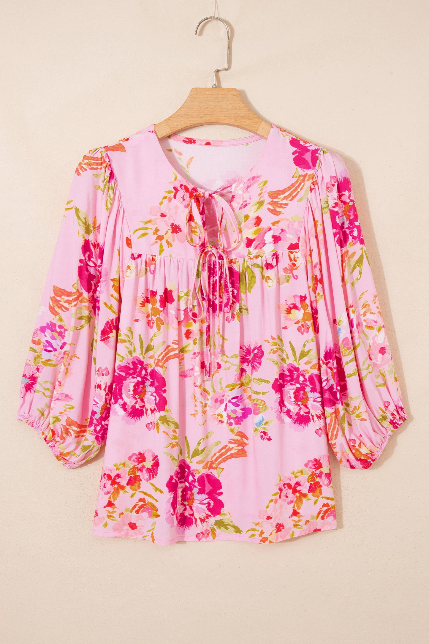 Pink Floral Print Tie Neck Puffy Half Sleeve Blouse-Tops/Blouses & Shirts-[Adult]-[Female]-2022 Online Blue Zone Planet