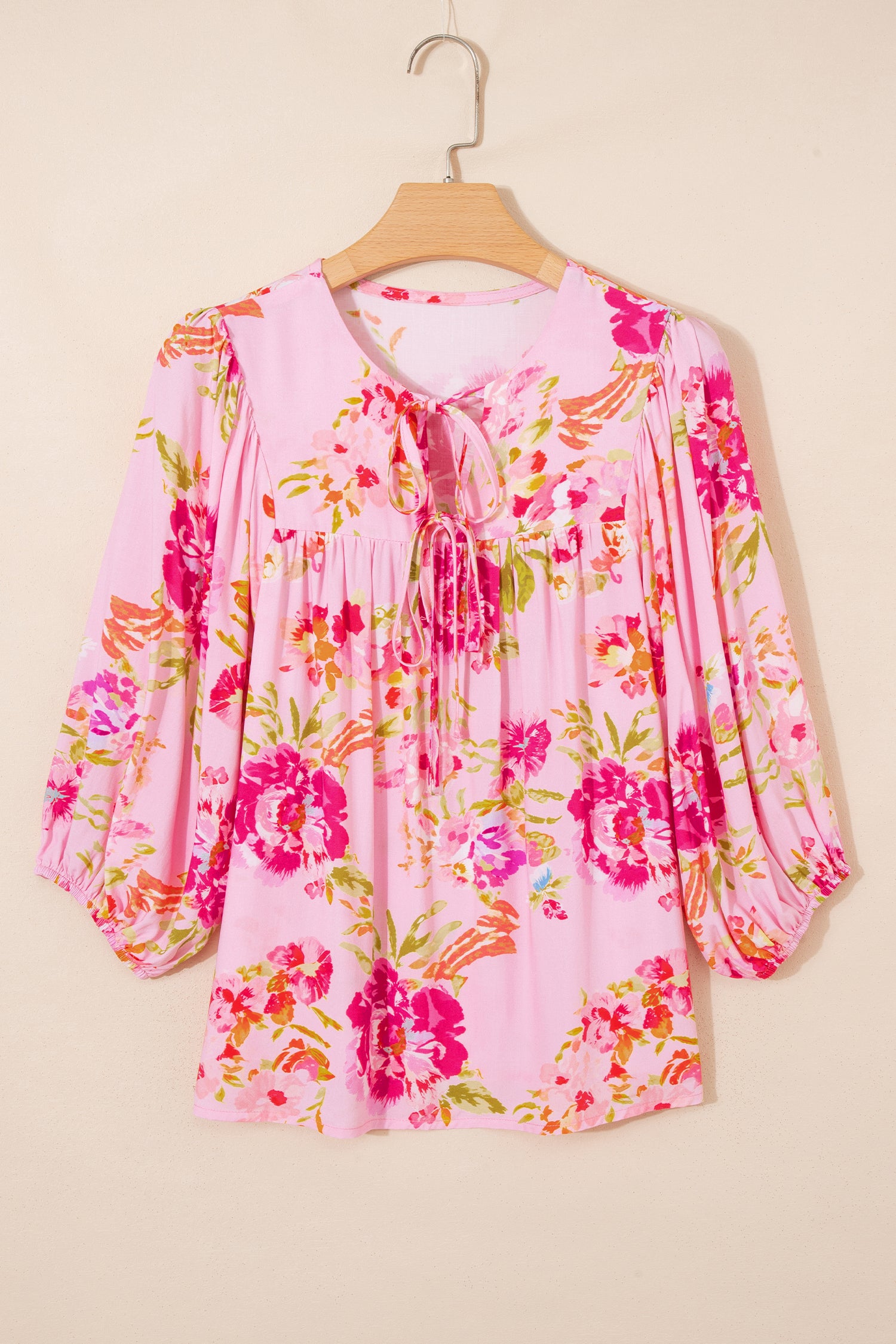 Pink Floral Print Tie Neck Puffy Half Sleeve Blouse-Tops/Blouses & Shirts-[Adult]-[Female]-2022 Online Blue Zone Planet