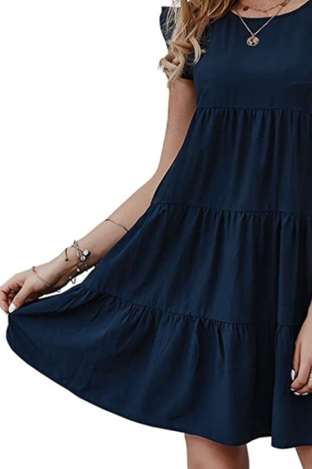 Ruffled Round Neck Cap Sleeve Mini Dress-TOPS / DRESSES-[Adult]-[Female]-2022 Online Blue Zone Planet