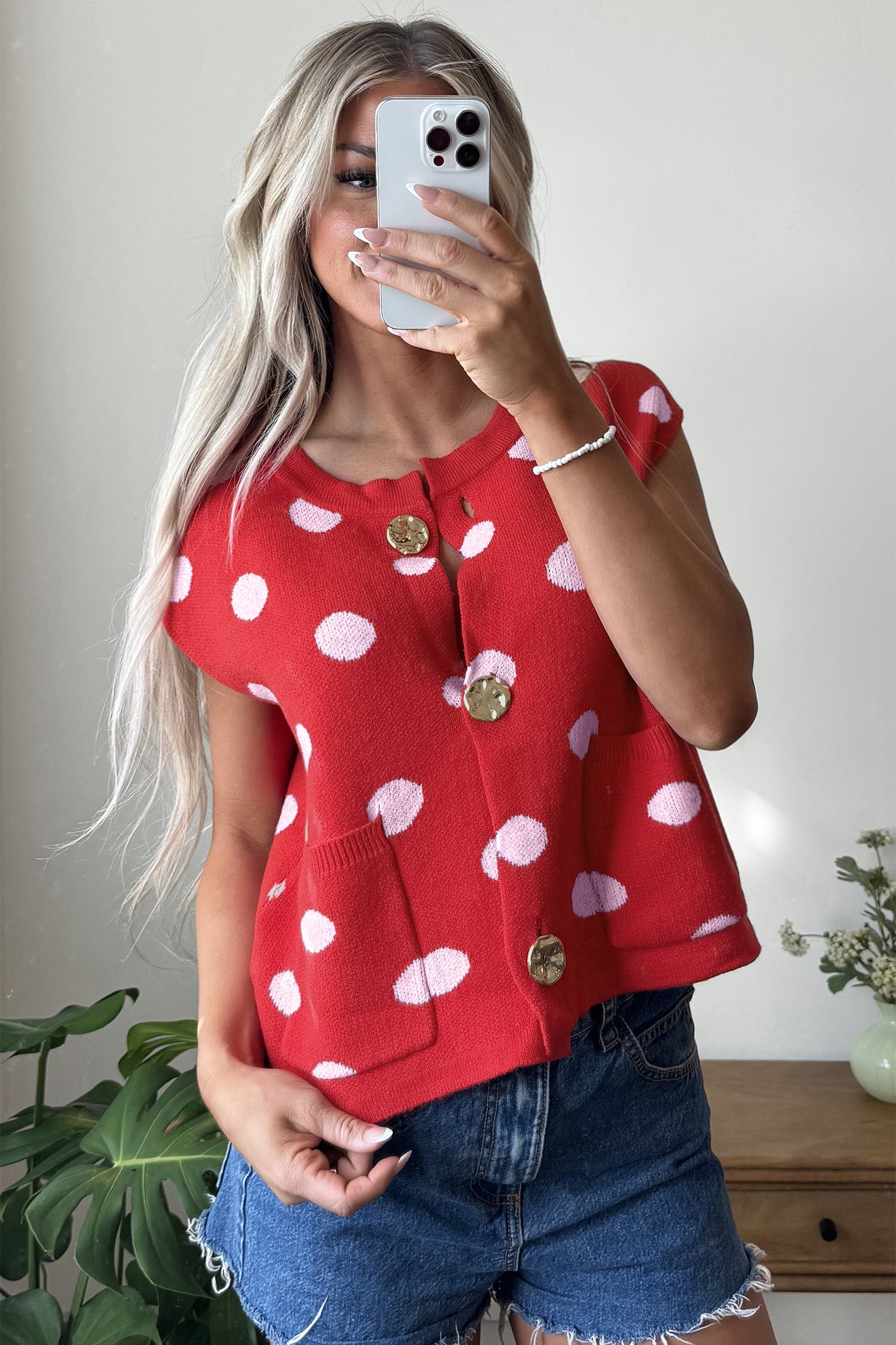 Red Polka Dot Sleeveless Knit Button Drop Shoulder Sweater Vest-TOPS / DRESSES-[Adult]-[Female]-2022 Online Blue Zone Planet
