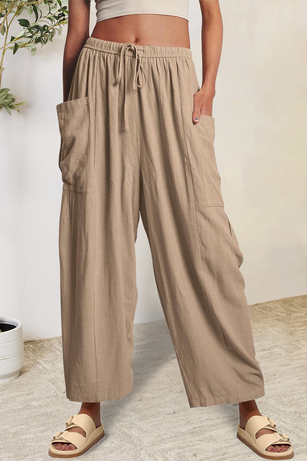 Full Size Pocketed Drawstring Wide Leg Pants-BOTTOMS SIZES SMALL MEDIUM LARGE-[Adult]-[Female]-Camel-S-2022 Online Blue Zone Planet