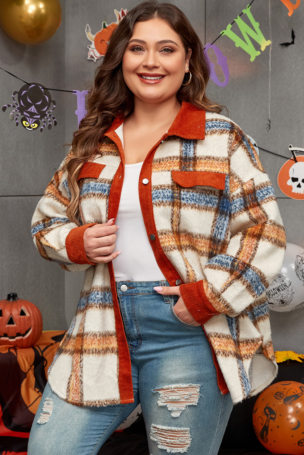 Brown Stripe Plus Size Plaid Print Collared Buttoned Jacket-Plus Size/Plus Size Outerwear-[Adult]-[Female]-2022 Online Blue Zone Planet