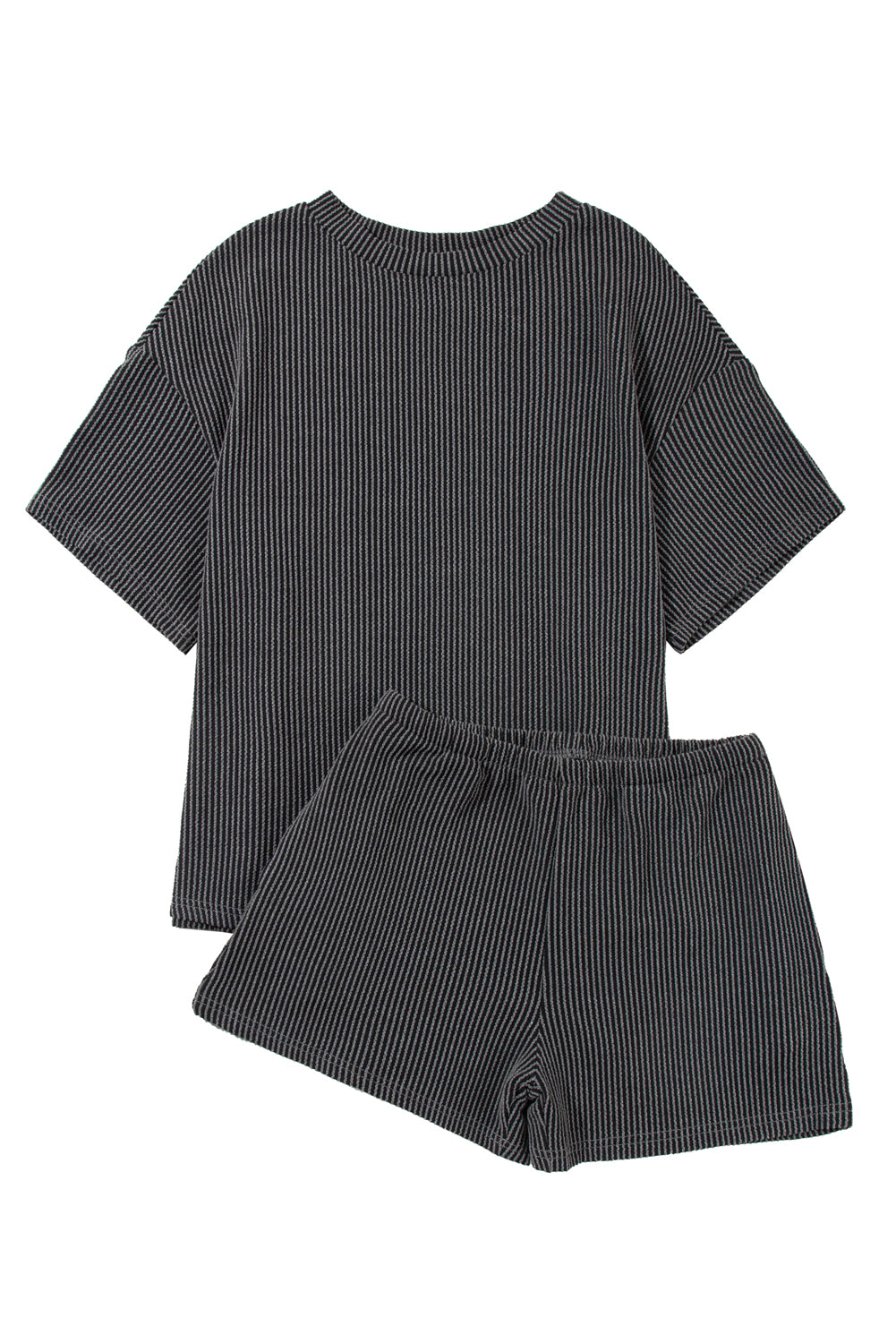 Carbon Grey Ribbed Textured Knit Loose Fit Tee and Shorts Set-Two Piece Sets/Short Sets-[Adult]-[Female]-2022 Online Blue Zone Planet