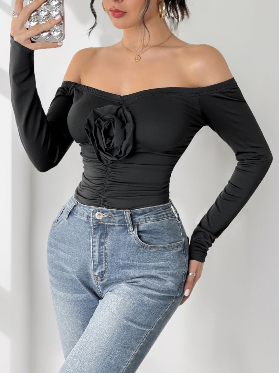 Perfee Ruched Flower Off-Shoulder Long Sleeve Bodysuit-TOPS / DRESSES-[Adult]-[Female]-2022 Online Blue Zone Planet