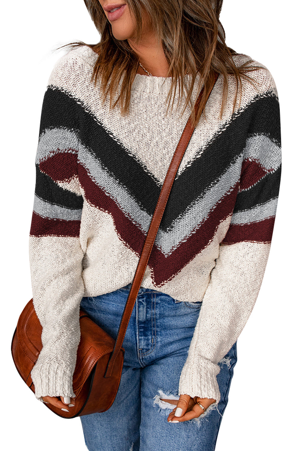 Black Chevron Striped Drop Shoulder Sweater-Sweaters & Cardigans/Sweaters-[Adult]-[Female]-2022 Online Blue Zone Planet