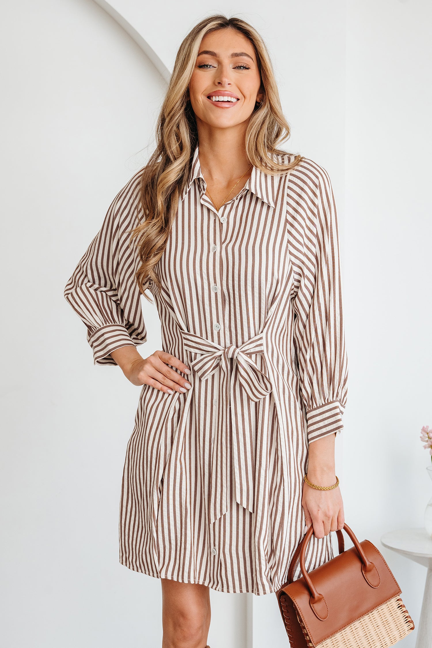 Brown Stripe Knot Waist Puff Sleeve Button Down Mini Shirt Dress-TOPS / DRESSES-[Adult]-[Female]-2022 Online Blue Zone Planet