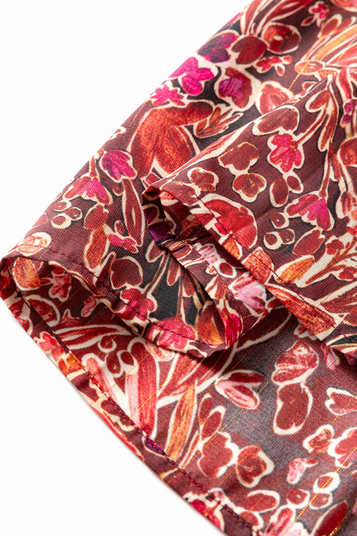 Red Floral Print Long Sleeve Shirred High Neck Loose Mini Dress-TOPS / DRESSES-[Adult]-[Female]-2022 Online Blue Zone Planet