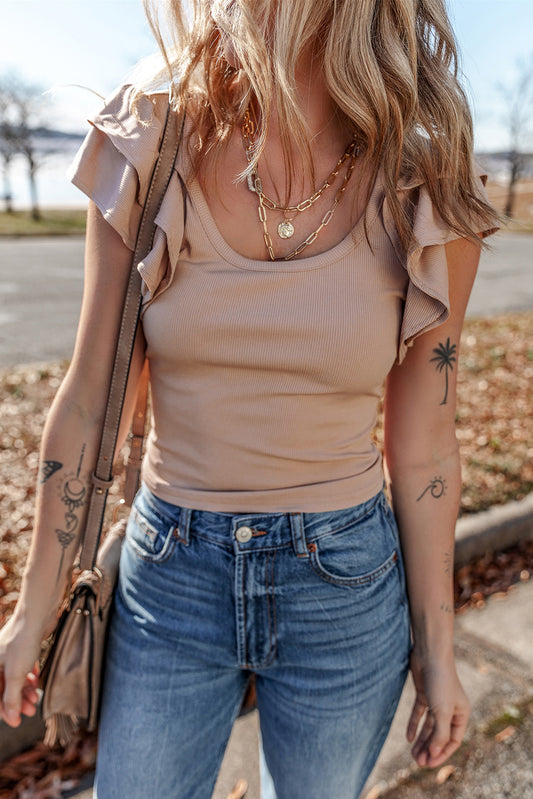 Smoke Gray Ribbed Knit Ruffled Shoulder Slim Fit Tank Top-Tops/Tank Tops-[Adult]-[Female]-Smoke Gray-S-2022 Online Blue Zone Planet