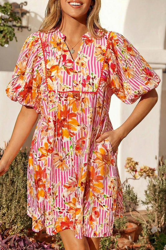 Pink Striped Floral Print Tie Neck Puff Sleeve Loose Mini Dress-TOPS / DRESSES-[Adult]-[Female]-Pink-S-2022 Online Blue Zone Planet