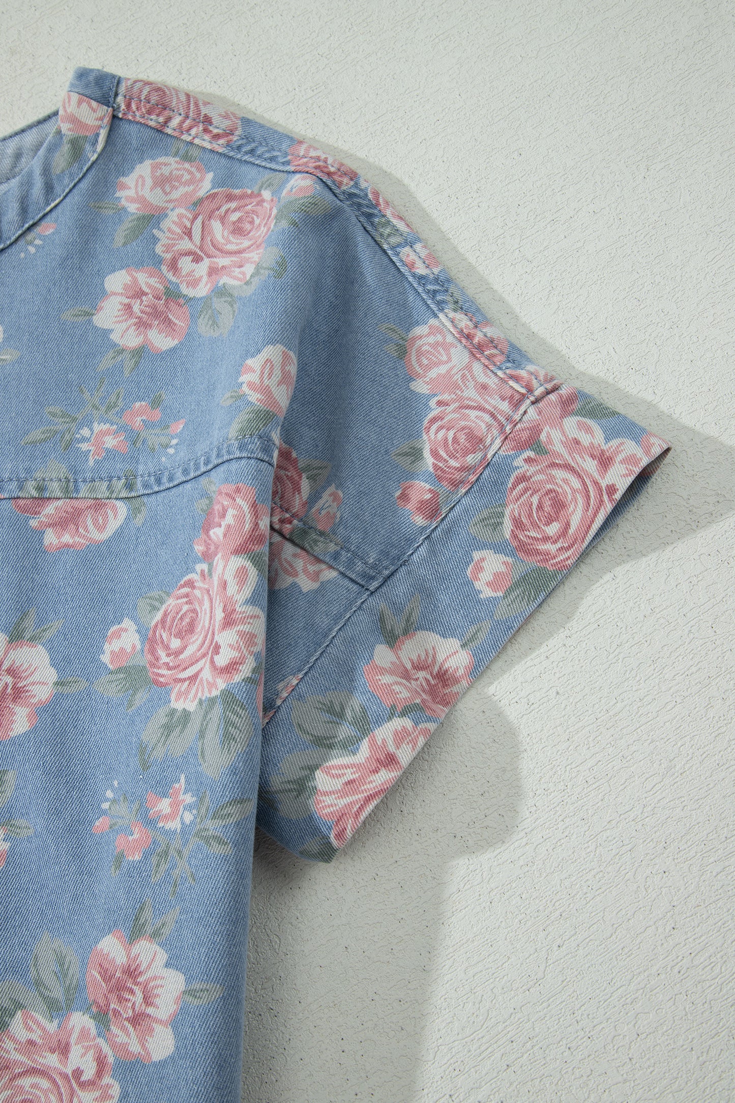 Sky Blue Floral Denim Short Sleeve Top Loose Shorts 2pcs Set-Two Piece Sets/Short Sets-[Adult]-[Female]-2022 Online Blue Zone Planet