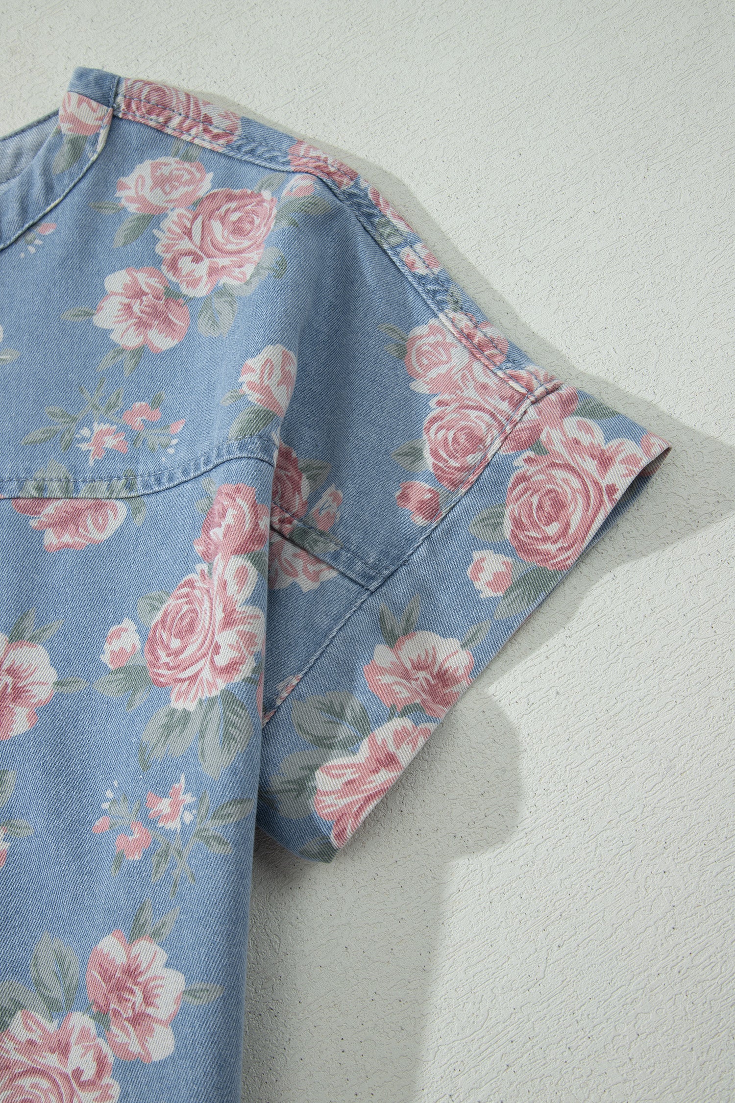 Sky Blue Floral Denim Short Sleeve Top Loose Shorts 2pcs Set-Two Piece Sets/Short Sets-[Adult]-[Female]-2022 Online Blue Zone Planet