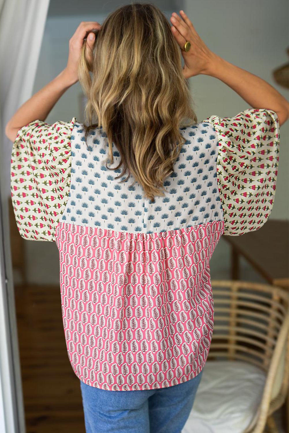 Red Floral Colorblock Flutter Cape Style Sleeves Blouse-Tops/Blouses & Shirts-[Adult]-[Female]-2022 Online Blue Zone Planet