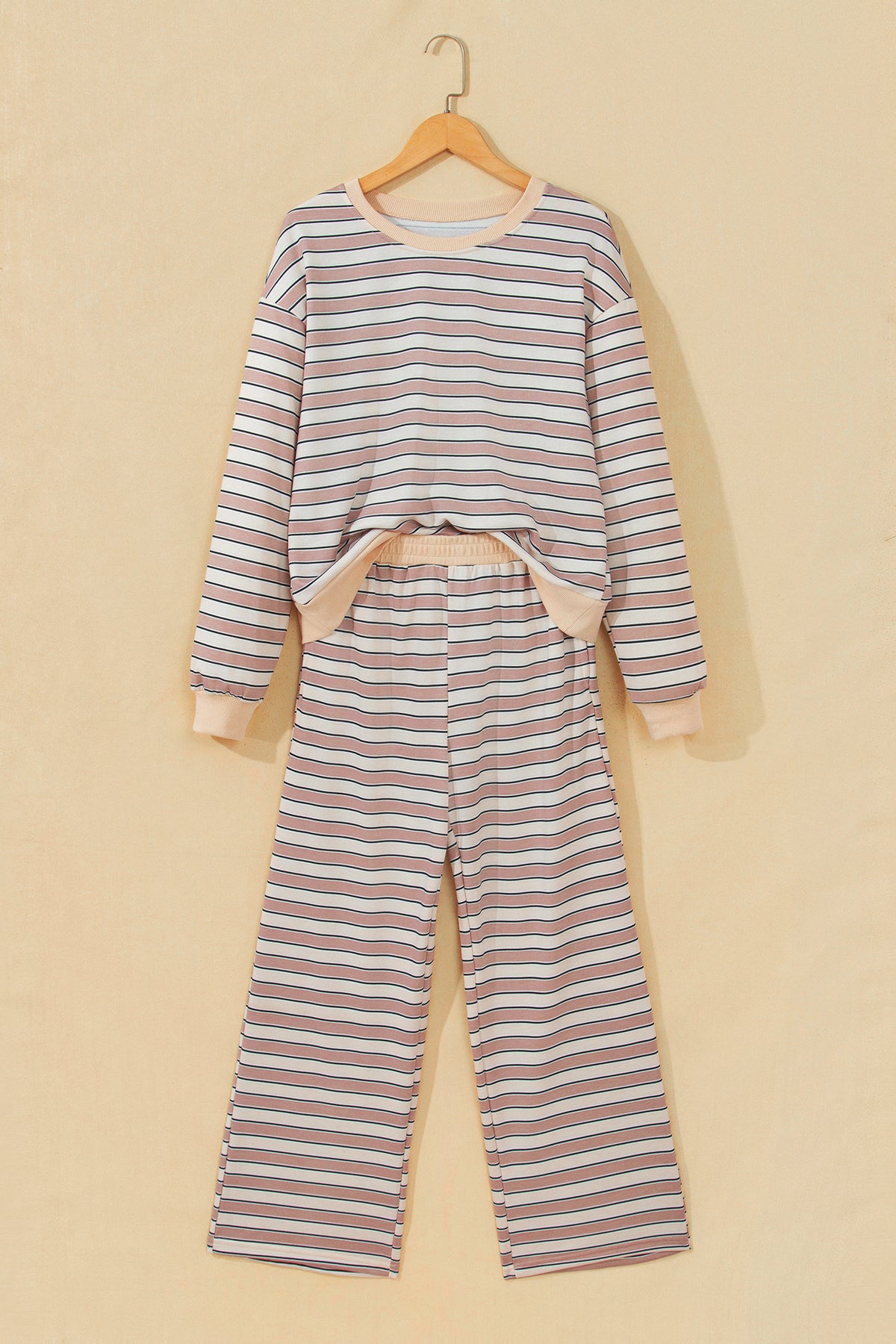 Khaki Stripe Contrast Trim Long Sleeve Top Elastic Waist Pants Set-Two Piece Sets/Pant Sets-[Adult]-[Female]-2022 Online Blue Zone Planet