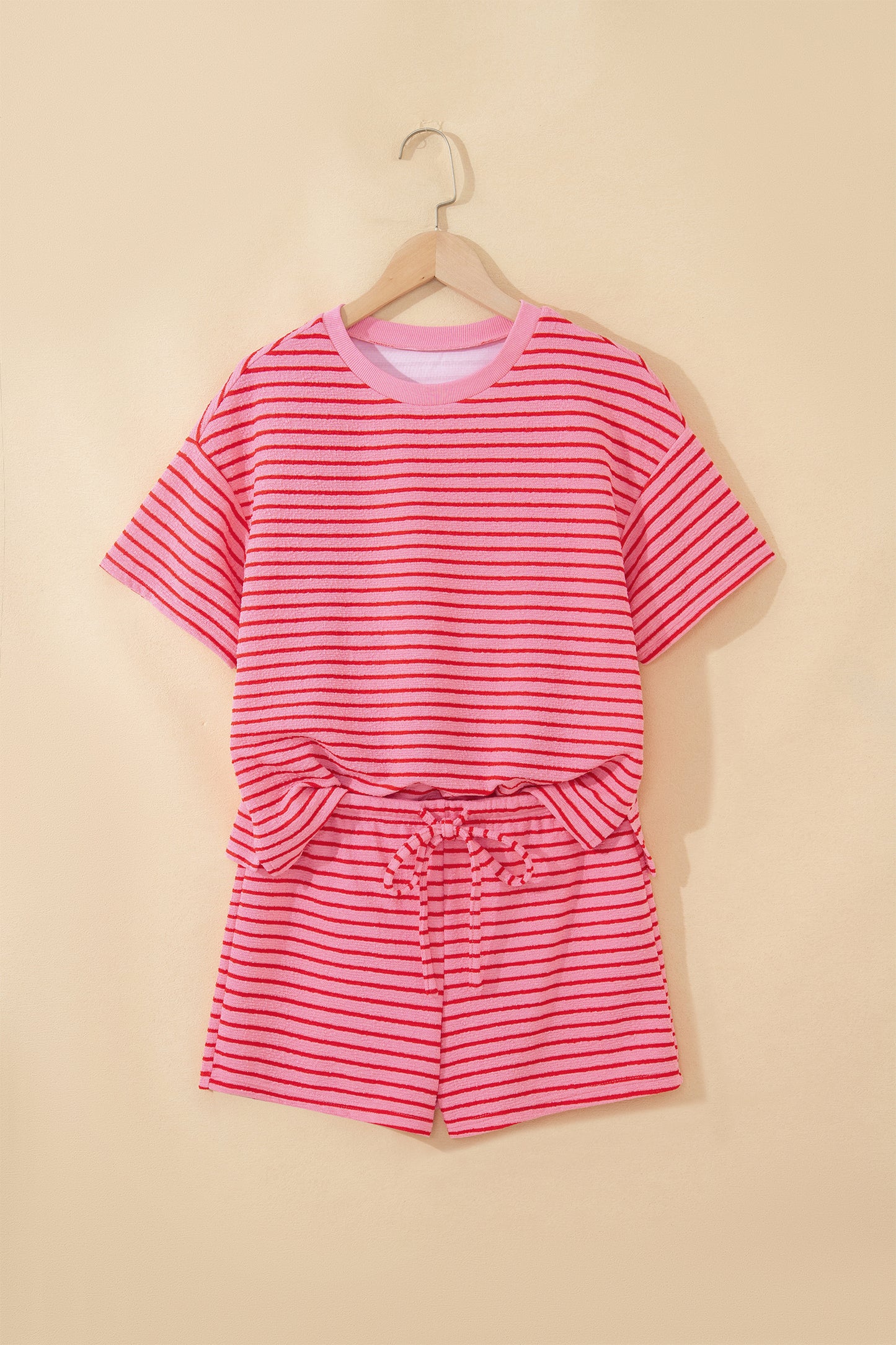 Rose Stripe Side Split Knit Tee Drawstring Shorts Set-Two Piece Sets/Short Sets-[Adult]-[Female]-2022 Online Blue Zone Planet