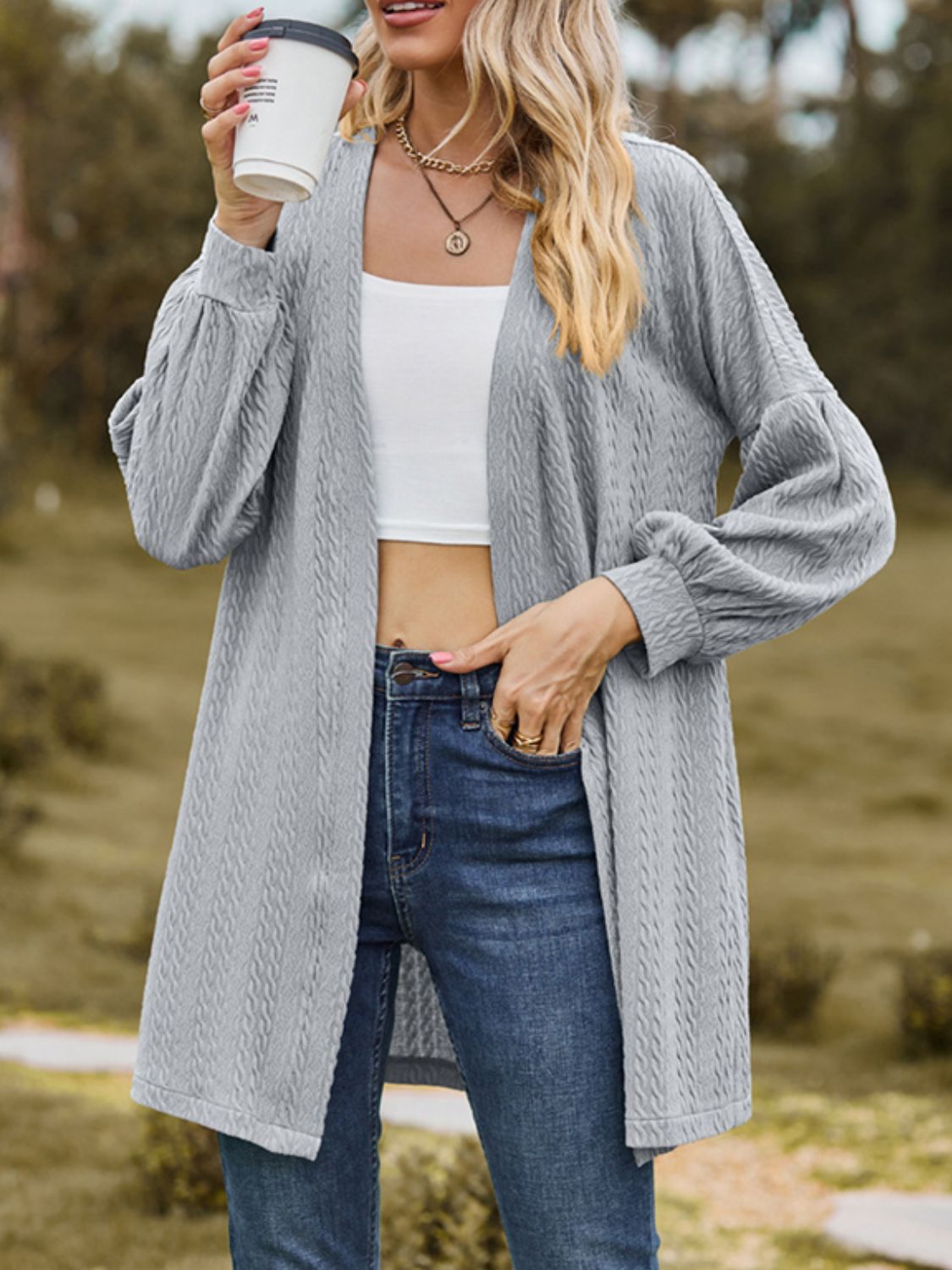 Textured Open Front Dropped Shoulder Cardigan-TOPS / DRESSES-[Adult]-[Female]-2022 Online Blue Zone Planet