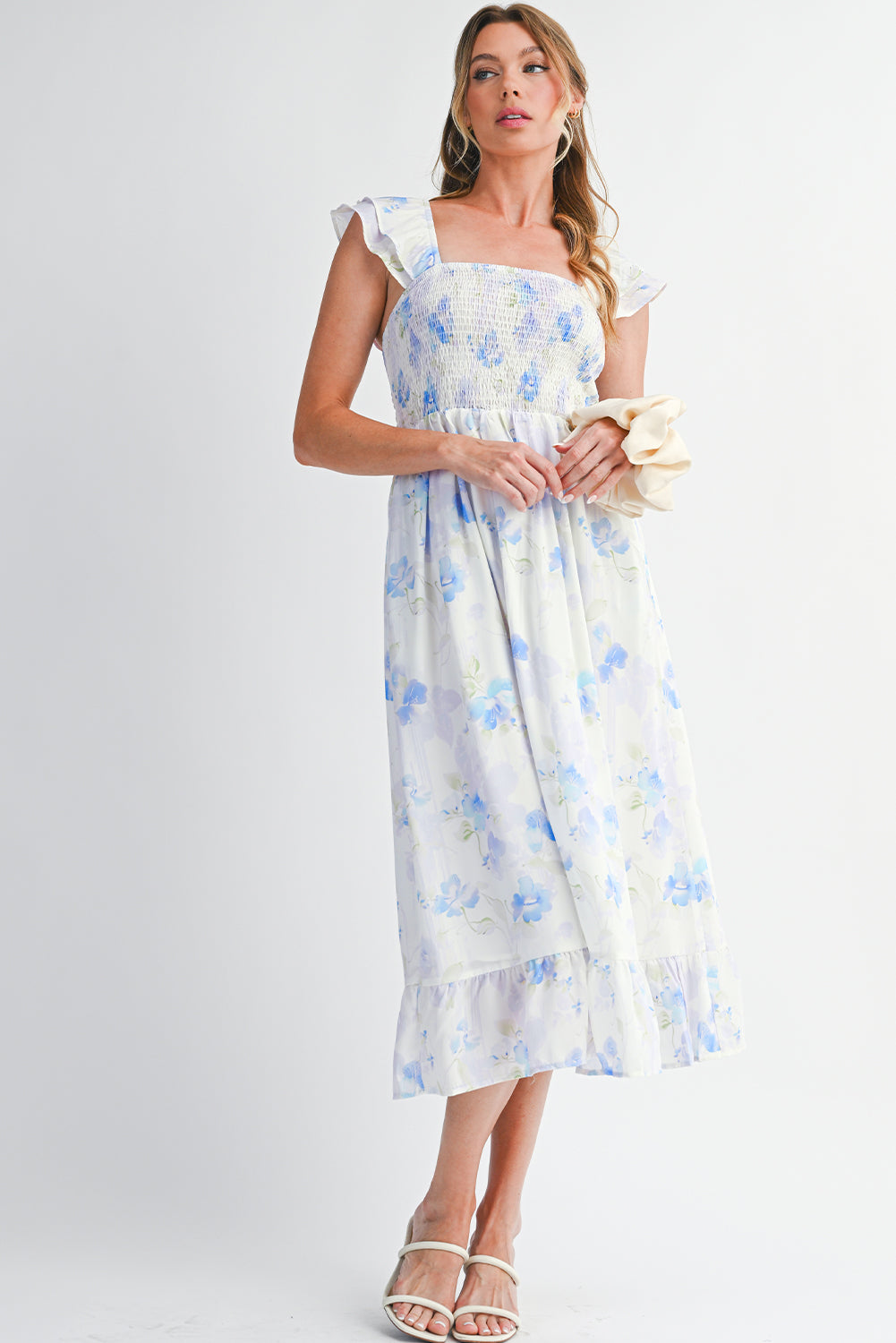 Sky Blue Floral Smocked High Waist Ruffle Sleeveless Long Dress-TOPS / DRESSES-[Adult]-[Female]-2022 Online Blue Zone Planet