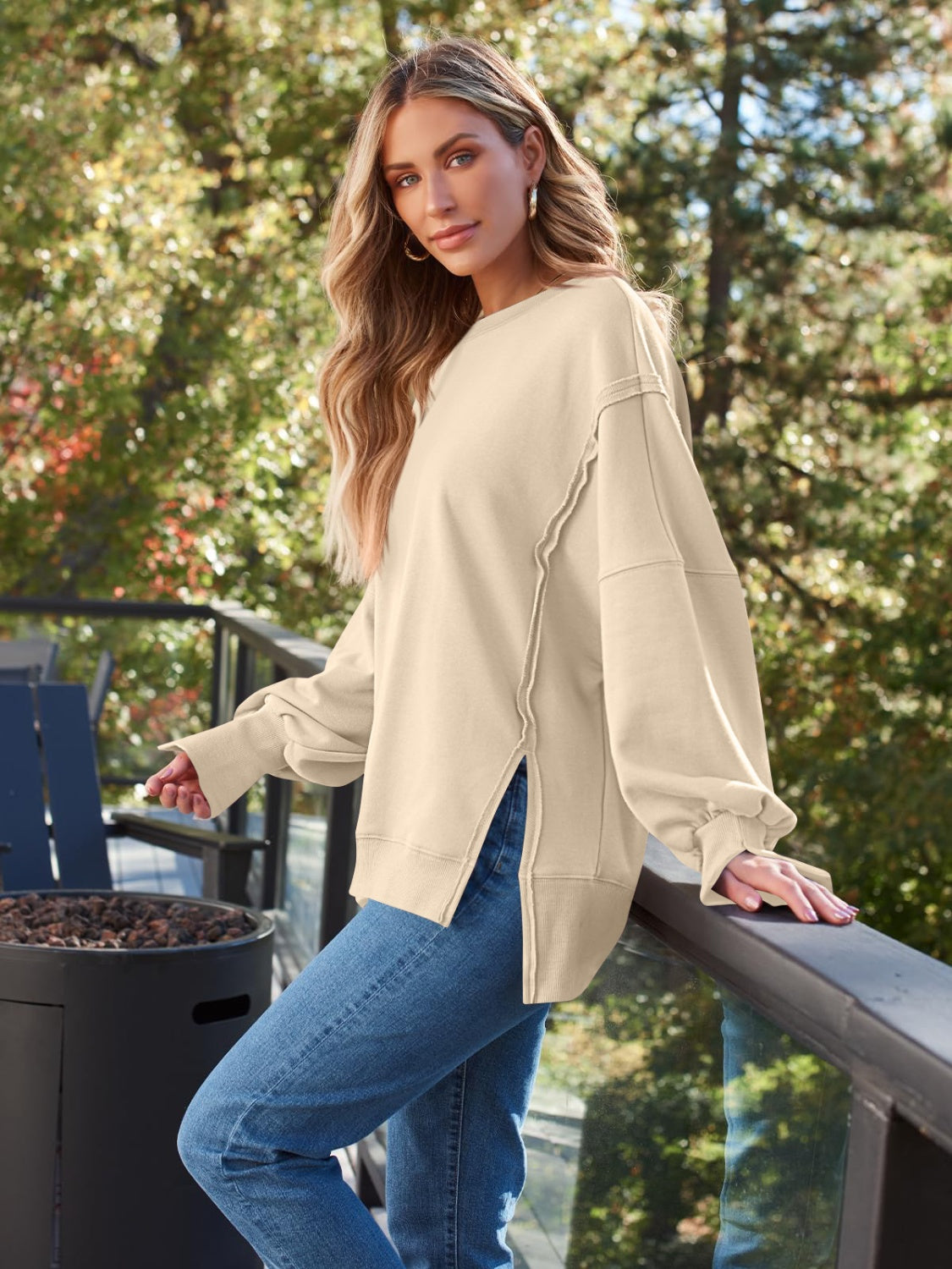 Blue Zone Planet | Slit Round Neck Long Sleeve Sweatshirt-TOPS / DRESSES-[Adult]-[Female]-2022 Online Blue Zone Planet