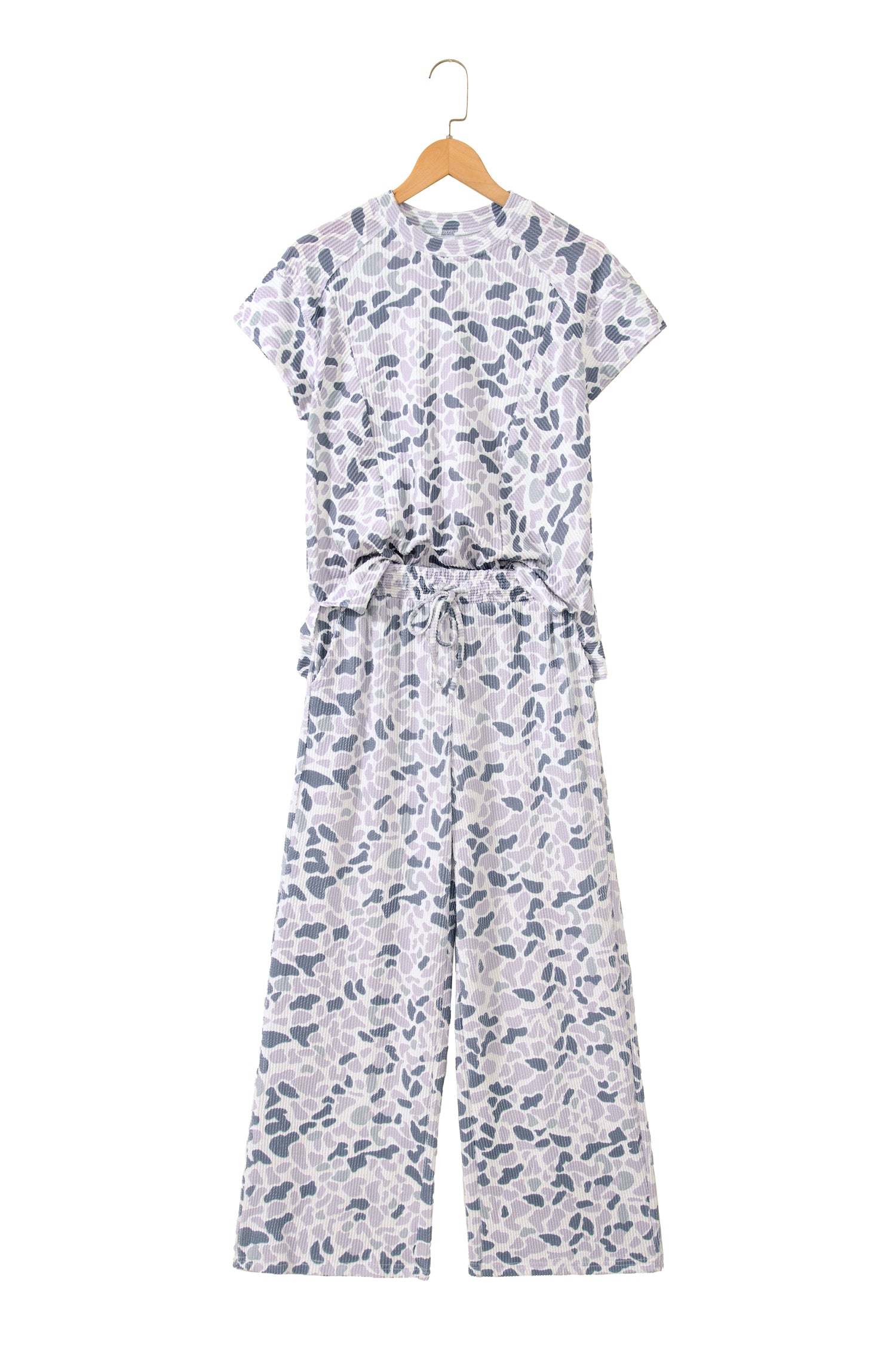 Beige Camouflage Print Twisted Rib Loose Tee Drawstring Pants Set-Two Piece Sets/Pant Sets-[Adult]-[Female]-2022 Online Blue Zone Planet