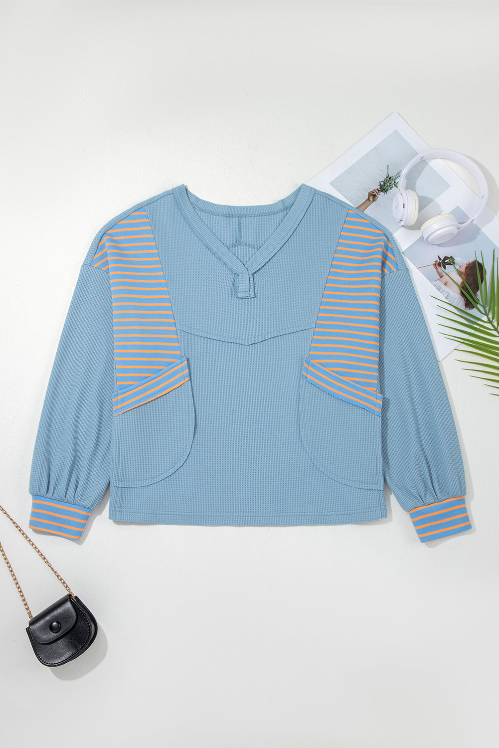 Dusk Blue Exposed Seam Waffle Striped Patchwork Baggy Pullover-Tops/Long Sleeve Tops-[Adult]-[Female]-2022 Online Blue Zone Planet