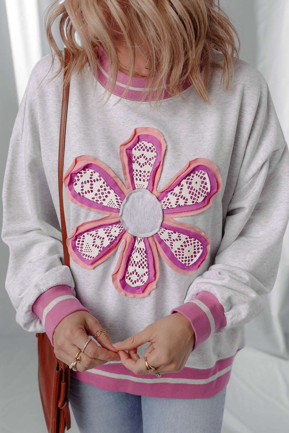 Gray Flower Patch Contrast Trim Crew Neck Sweatshirt-Tops/Sweatshirts & Hoodies-[Adult]-[Female]-2022 Online Blue Zone Planet