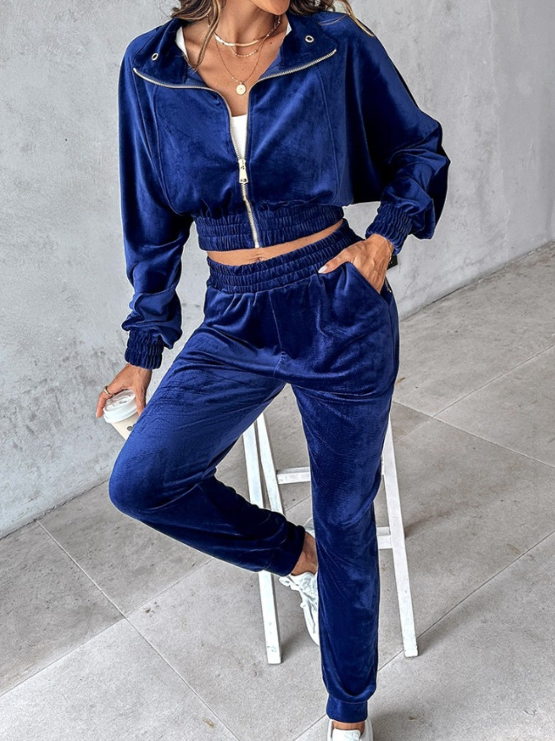 Zip Up Long Sleeve Cropped Top and Joggers Set-BOTTOMS SIZES SMALL MEDIUM LARGE-[Adult]-[Female]-2022 Online Blue Zone Planet