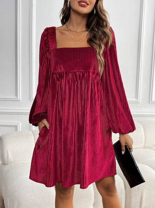 Perfee Tied Pocketed Square Neck Long Sleeve Dress-TOPS / DRESSES-[Adult]-[Female]-Burgundy-S-2022 Online Blue Zone Planet