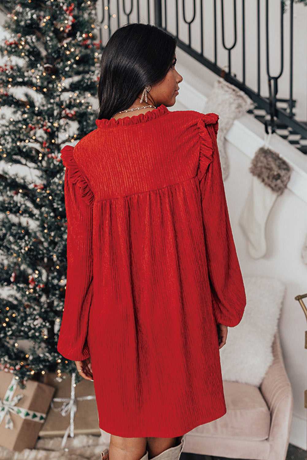 Blue Zone Planet | Fiery Red Textured Ruffled Trim V Neck Loose Fit Mini Dress-TOPS / DRESSES-[Adult]-[Female]-2022 Online Blue Zone Planet