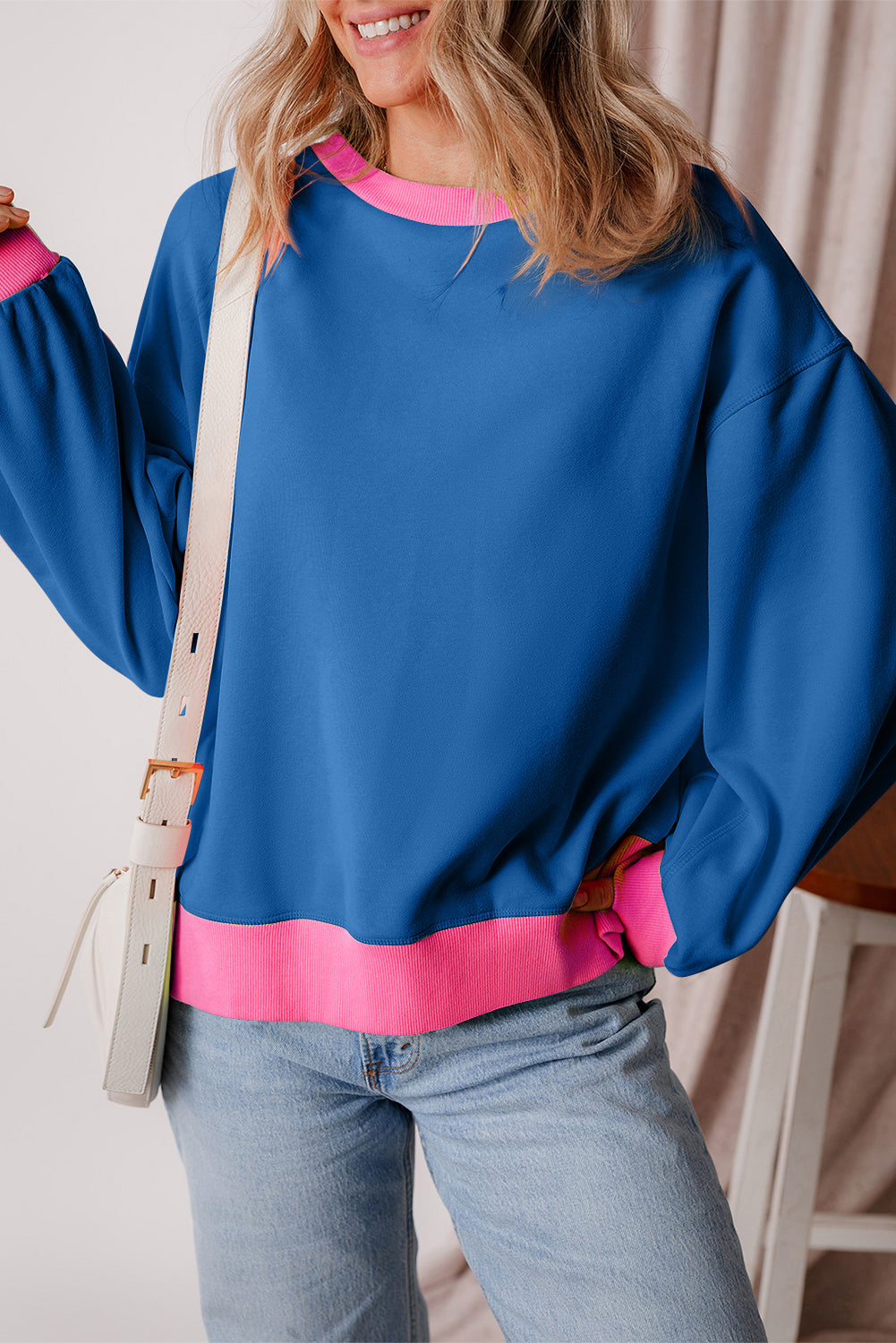 Blue Colorblock Bubble Sleeve Sweatshirt-Tops/Sweatshirts & Hoodies-[Adult]-[Female]-2022 Online Blue Zone Planet