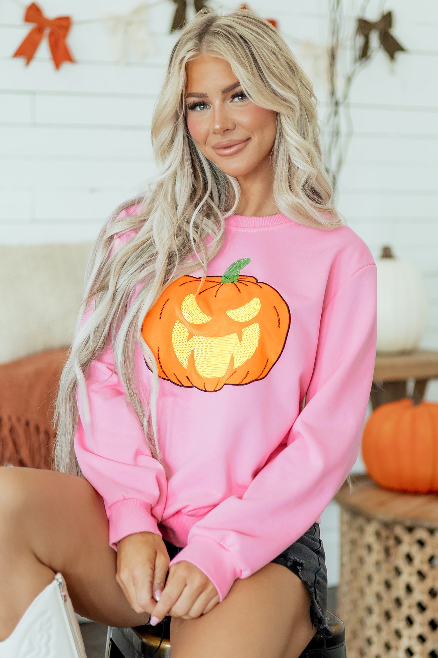 Pink Embroidered Pumpkin Face Long Sleeve Round Neck Sweatshirt-Tops/Sweatshirts & Hoodies-[Adult]-[Female]-2022 Online Blue Zone Planet