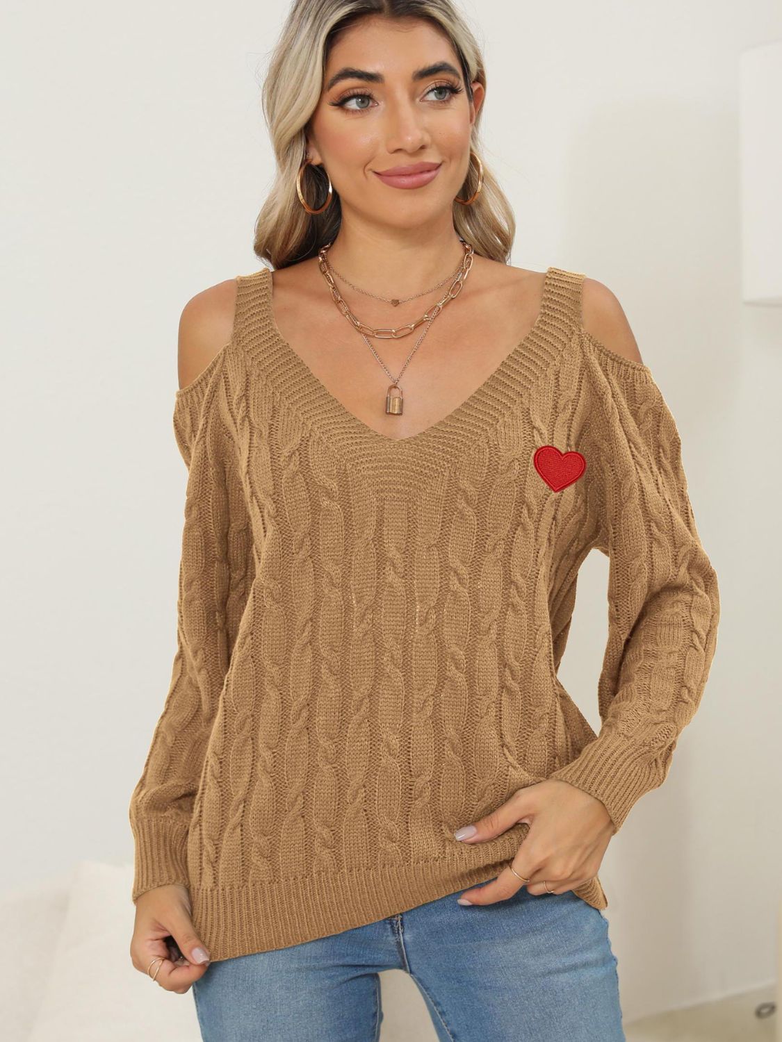 Cable-Knit Heart V-Neck Sweater-TOPS / DRESSES-[Adult]-[Female]-2022 Online Blue Zone Planet