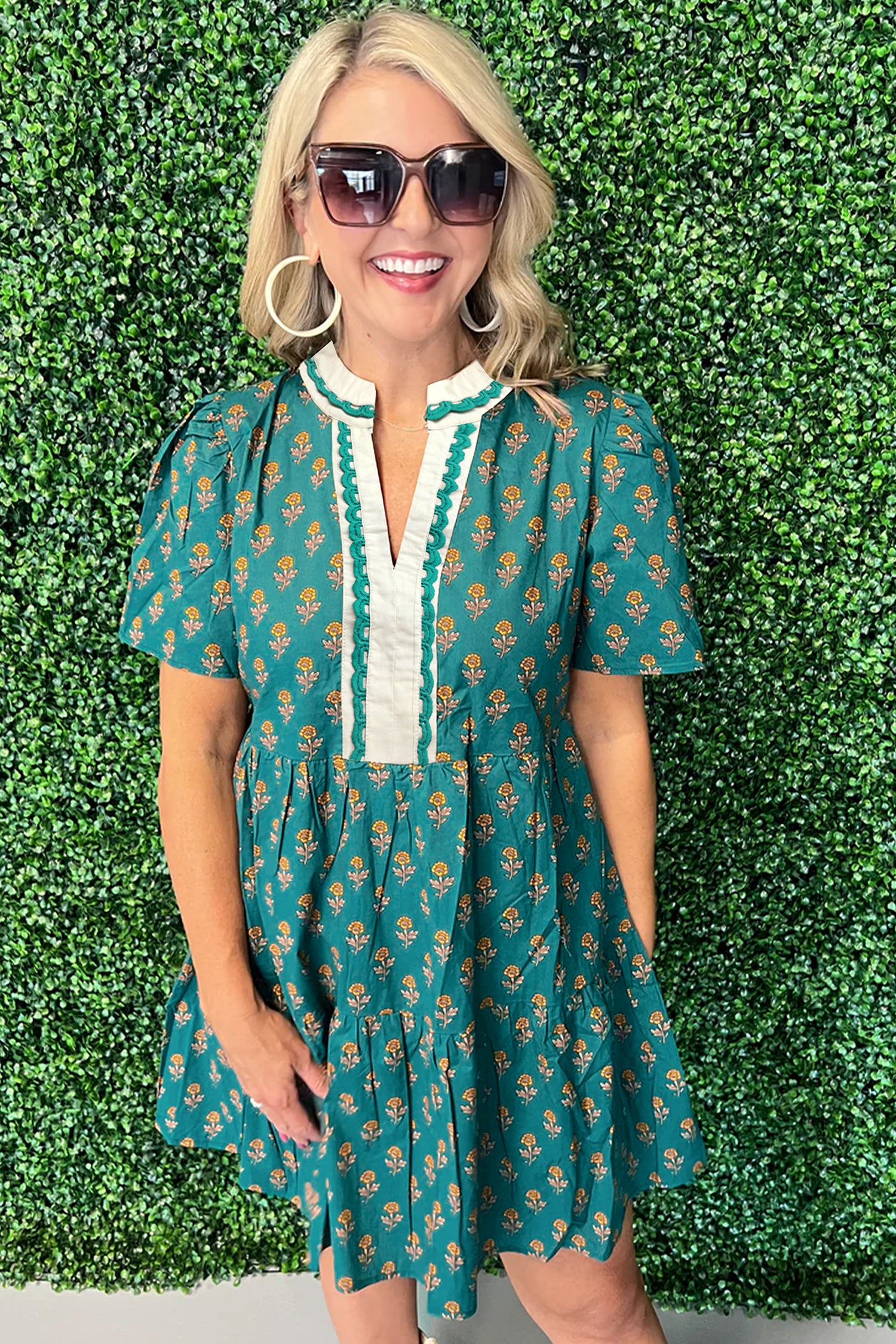 Green Contrast Trim V Neck Short Sleeve Floral Dress-TOPS / DRESSES-[Adult]-[Female]-2022 Online Blue Zone Planet