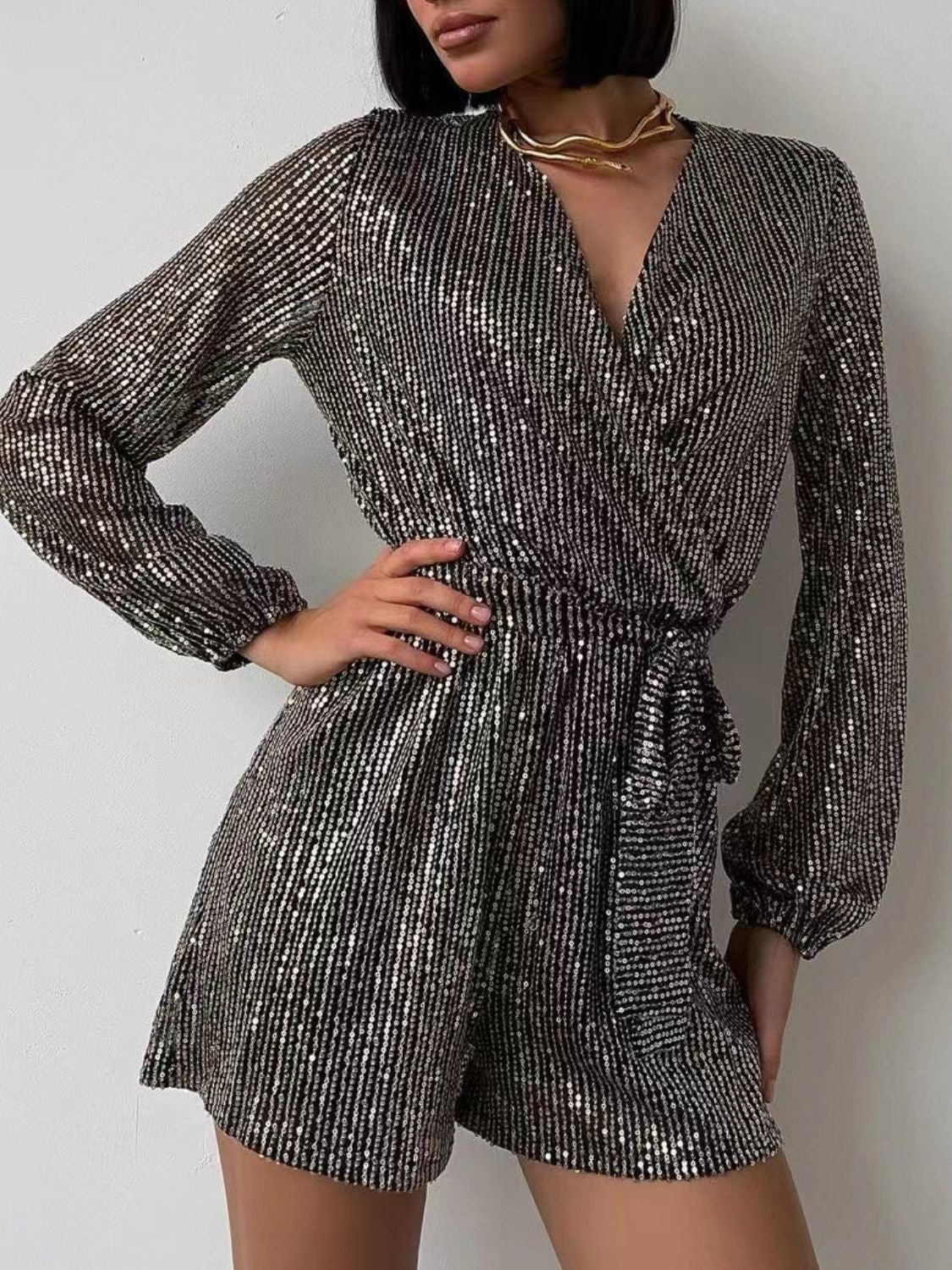 Full Size Sequin Surplice Tie Waist Long Sleeve Romper-TOPS / DRESSES-[Adult]-[Female]-Black/Silver-S-2022 Online Blue Zone Planet