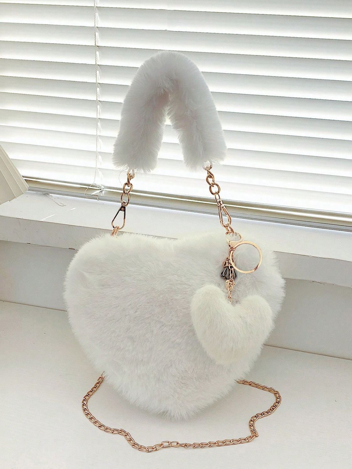 Heart Shape Faux Fur Handbag-HANDBAGS-[Adult]-[Female]-2022 Online Blue Zone Planet