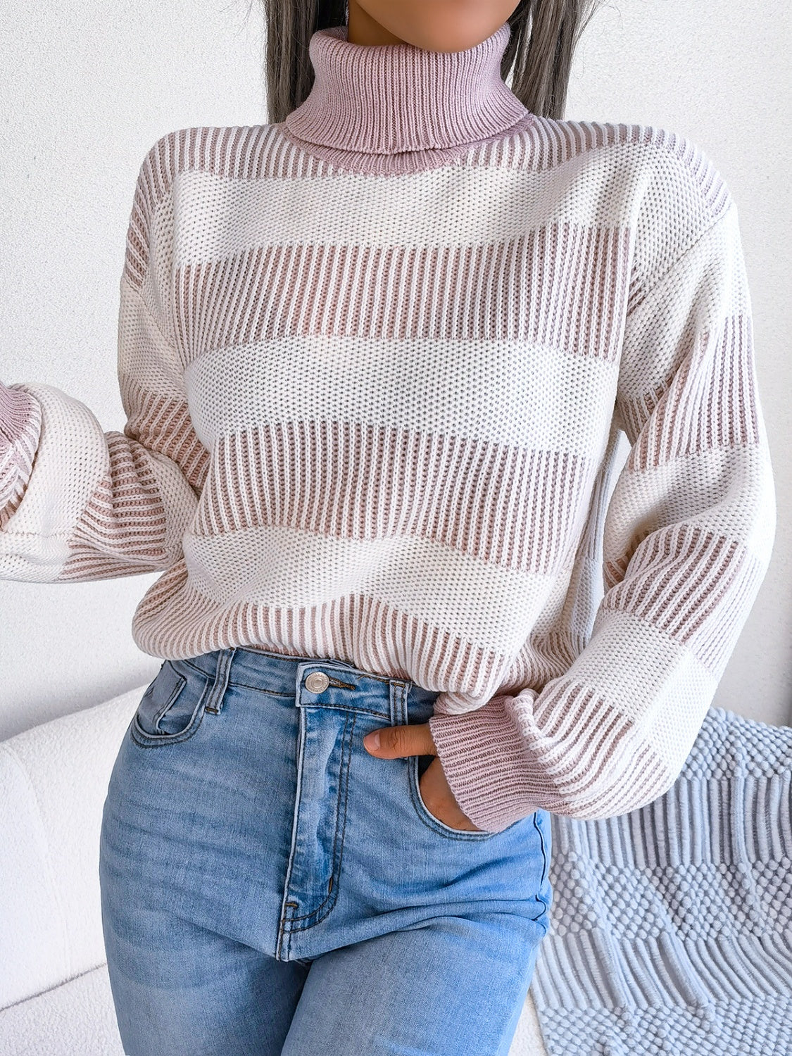 Striped Turtleneck Long Sleeve Sweater-TOPS / DRESSES-[Adult]-[Female]-Blush Pink-S-2022 Online Blue Zone Planet