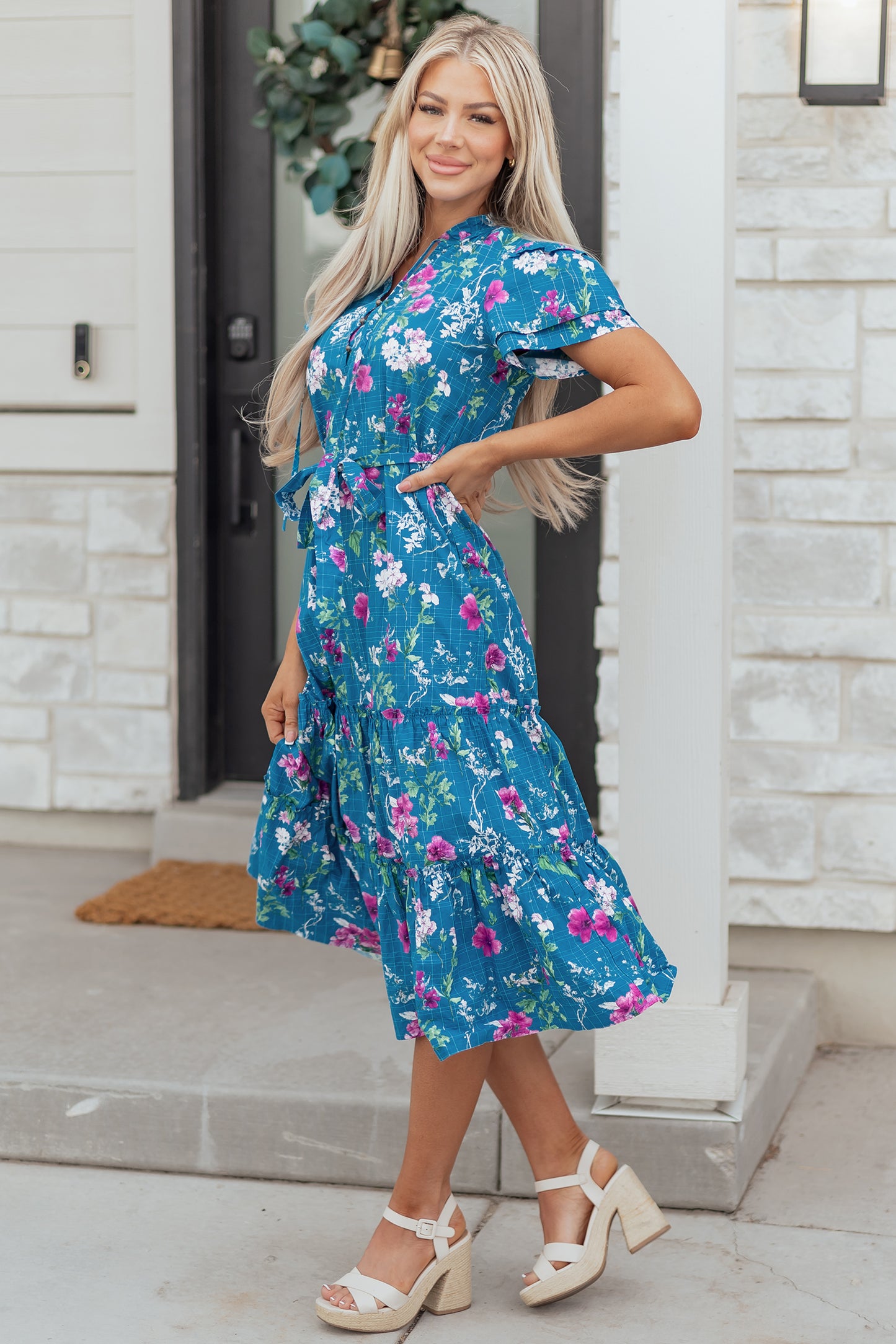 Blue Floral Flutter Sleeve Button Tie Split Neck Belted Long Dress-TOPS / DRESSES-[Adult]-[Female]-2022 Online Blue Zone Planet