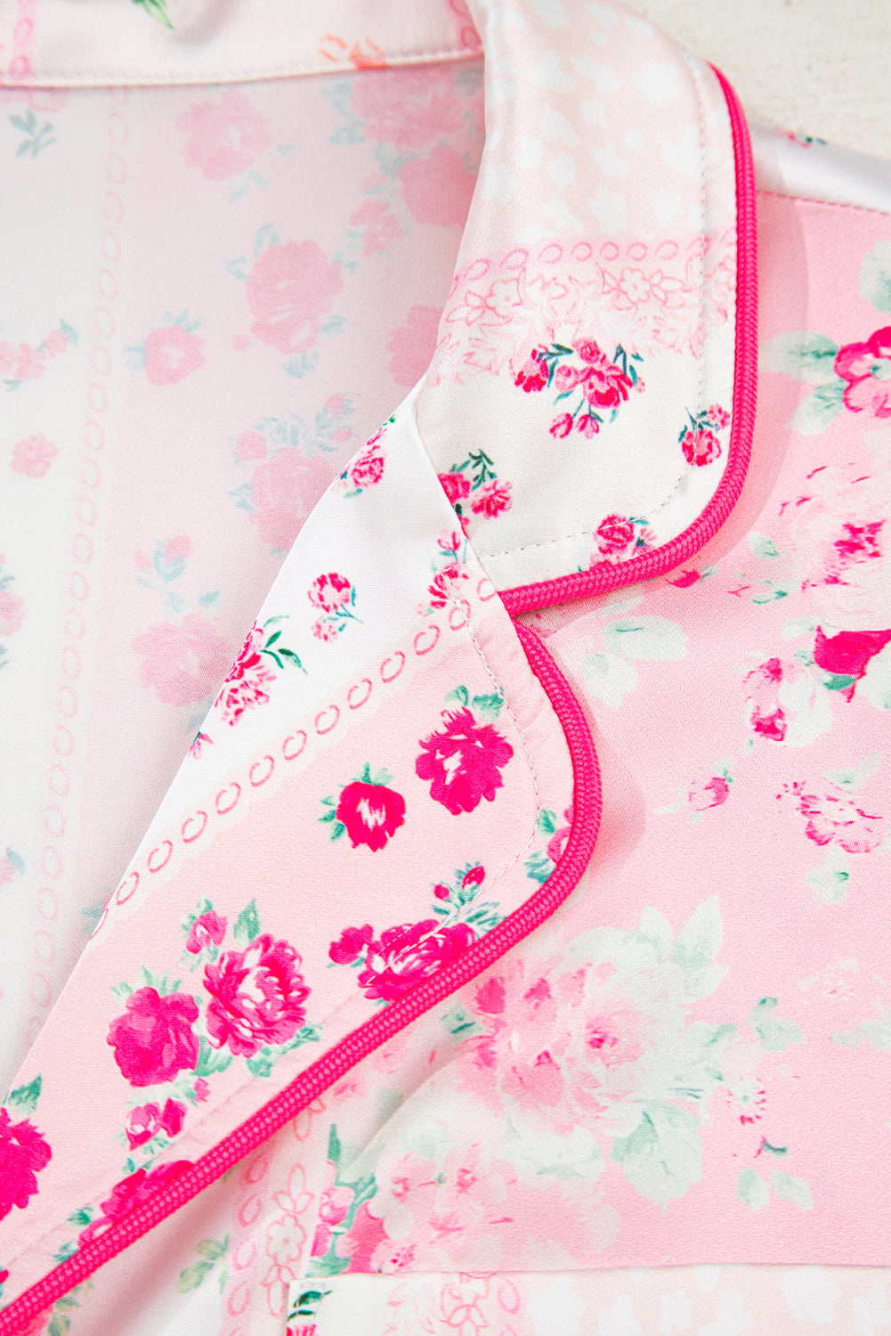 Pink Mixed Floral Print Contrast Piping Trim Satin Tie 2pcs Pajama Set-Loungewear & Sleepwear/Sleepwear-[Adult]-[Female]-2022 Online Blue Zone Planet