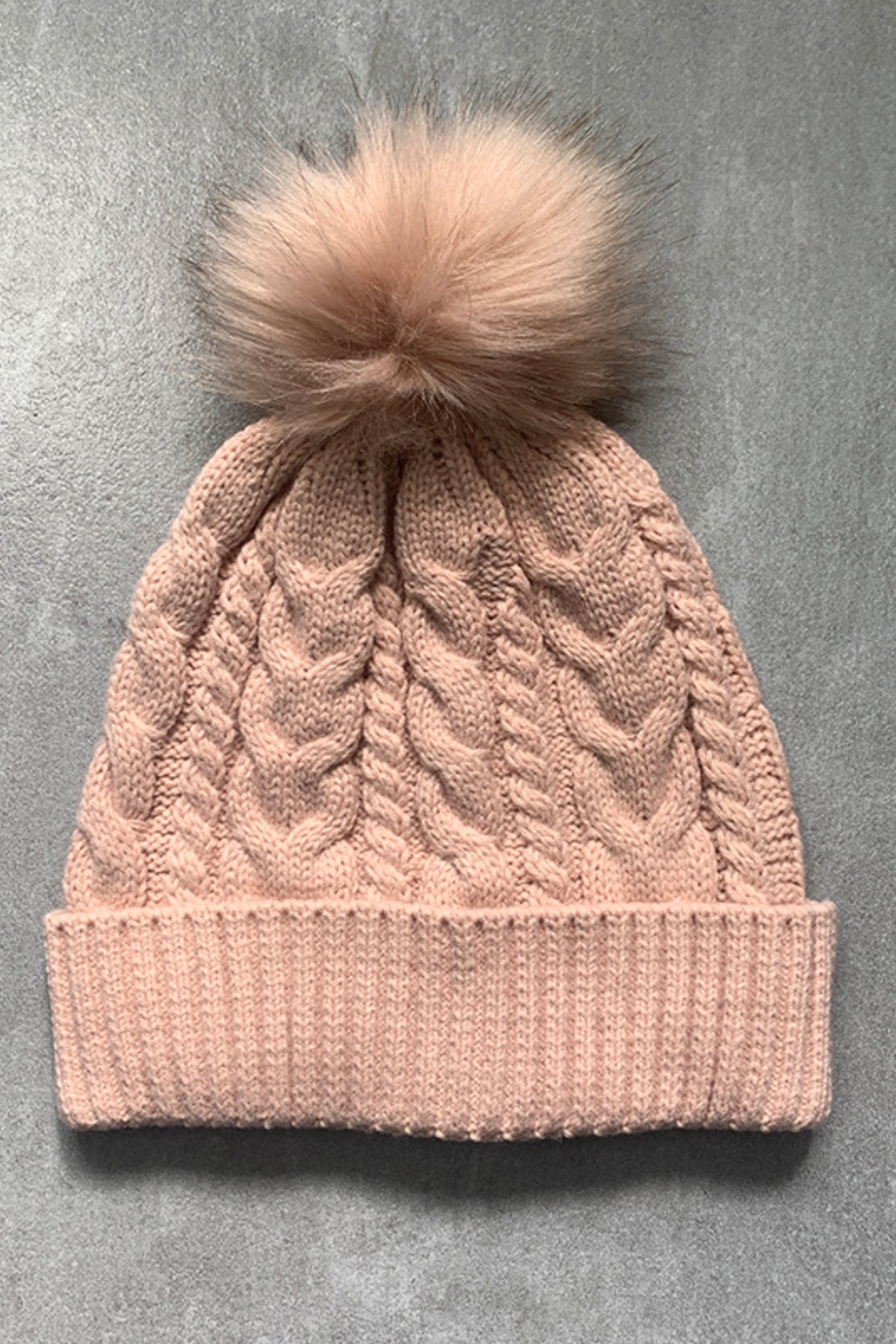 Blue Zone Planet | Cable-Knit Cuffed Hat with Pom-pom-HATS-[Adult]-[Female]-Watermelon pink-One Size-2022 Online Blue Zone Planet