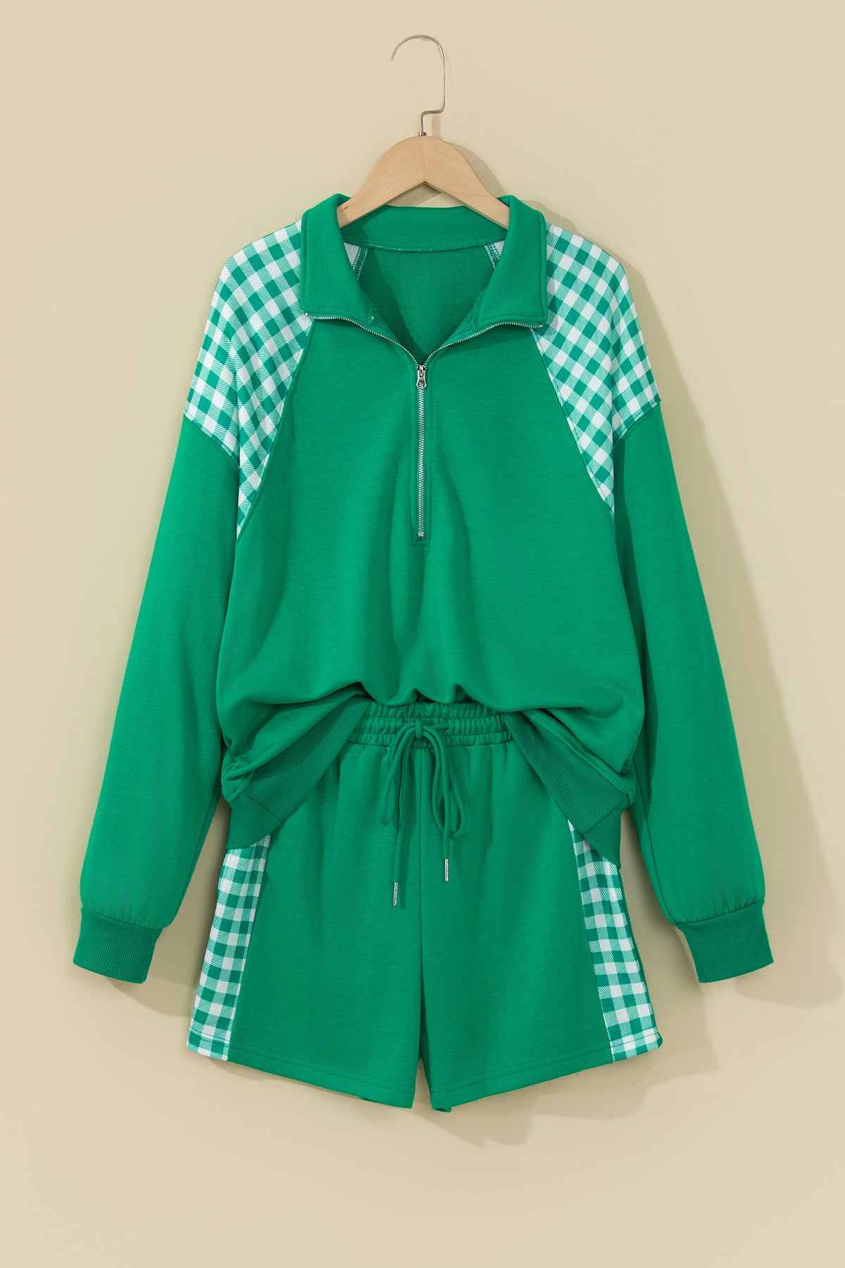 Bright Green Plaid Patchwork Half Zip Pullover Drawstring Short Set