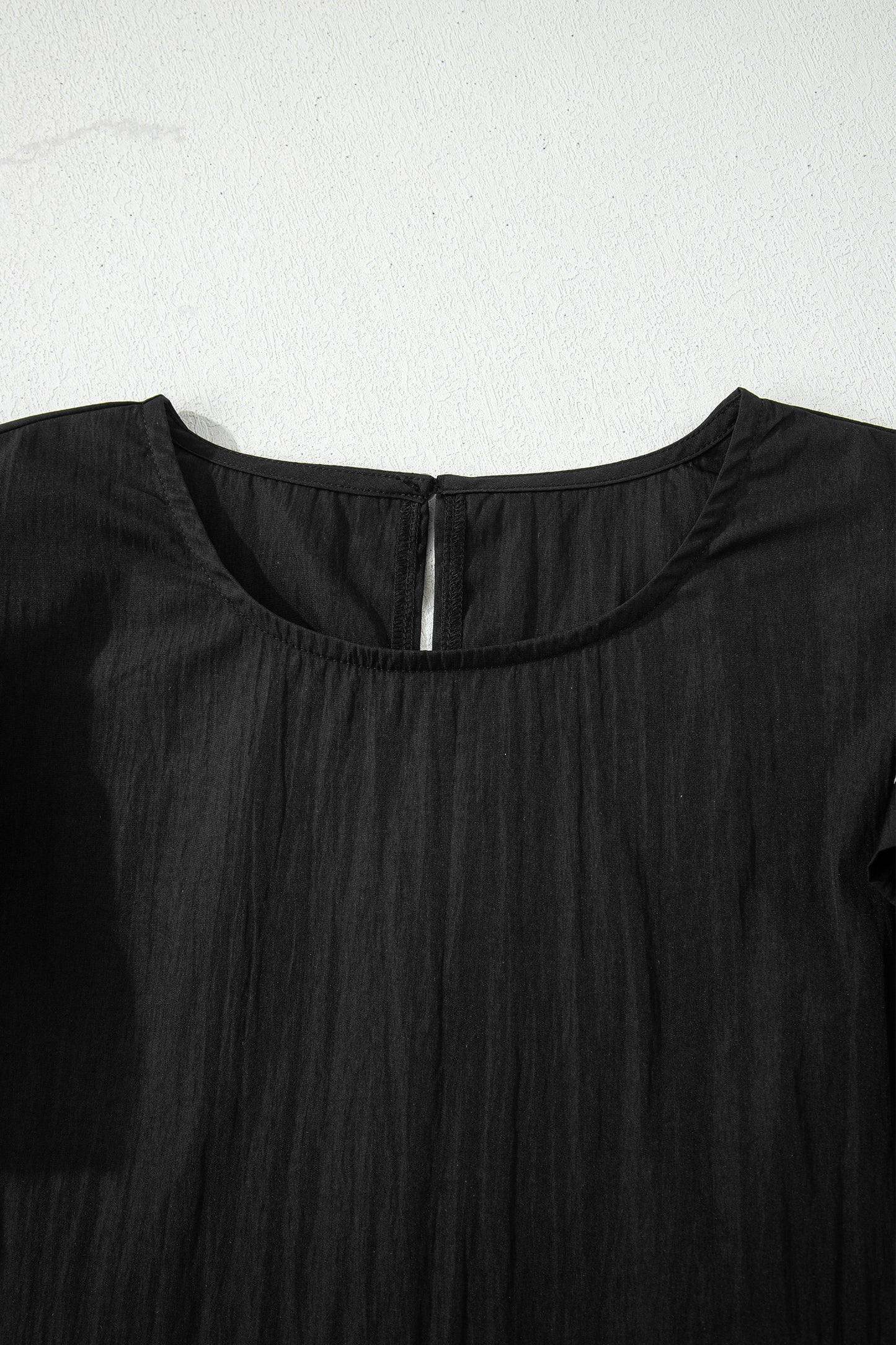 Black Contrast Trim Dual Ruffle Short Sleeve Textured Blouse-Tops/Blouses & Shirts-[Adult]-[Female]-2022 Online Blue Zone Planet