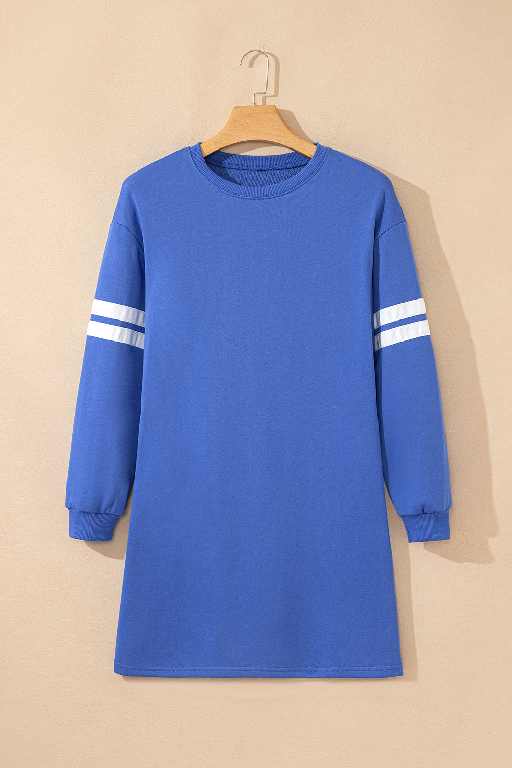 Sky Blue Varsity Contrast Banded Sleeve Shift Sweatshirt Dress-TOPS / DRESSES-[Adult]-[Female]-2022 Online Blue Zone Planet