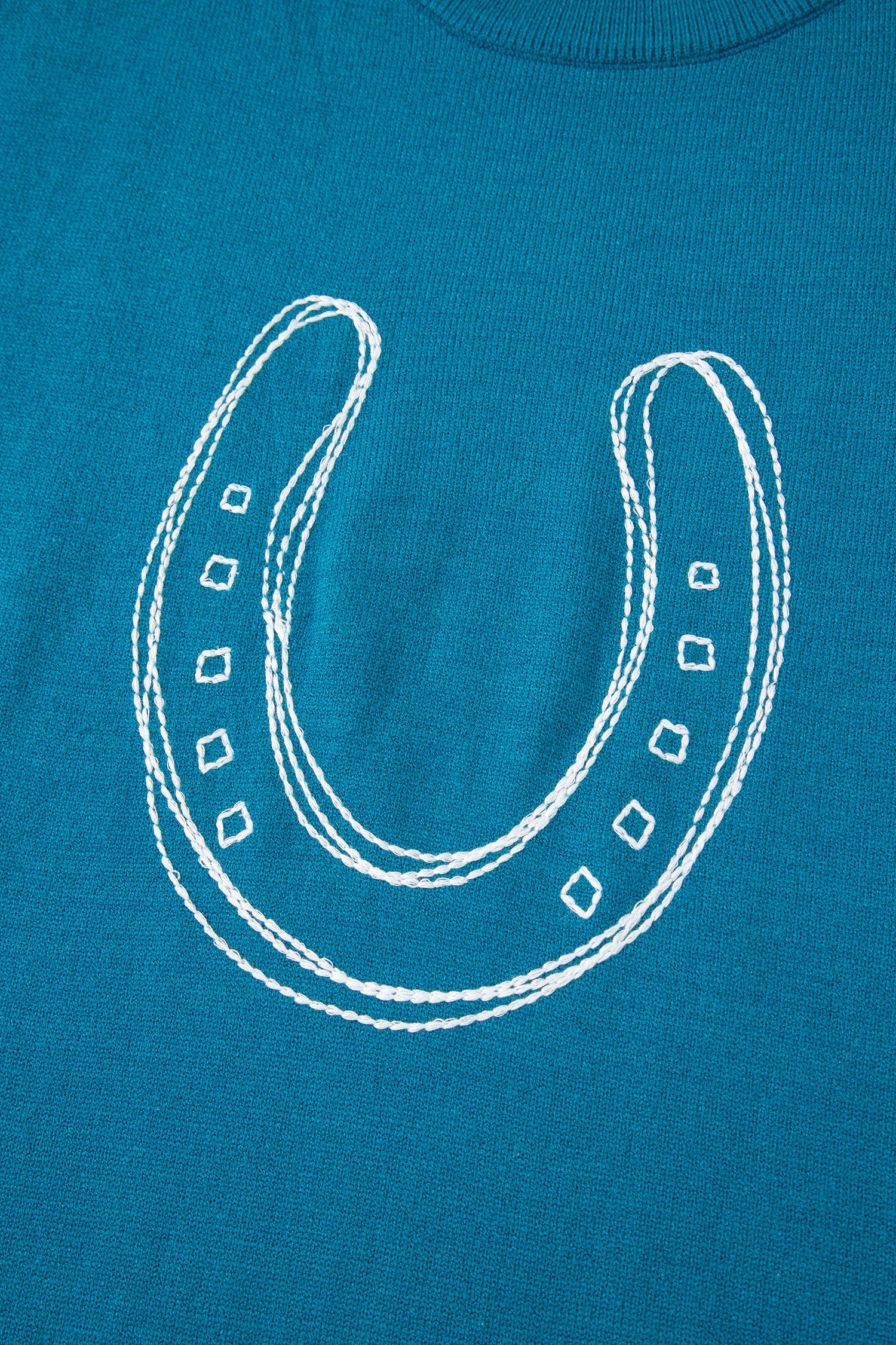 Light Blue Horse Shoe Embroidered Loose Short Sleeve Sweater-TOPS / DRESSES-[Adult]-[Female]-2022 Online Blue Zone Planet