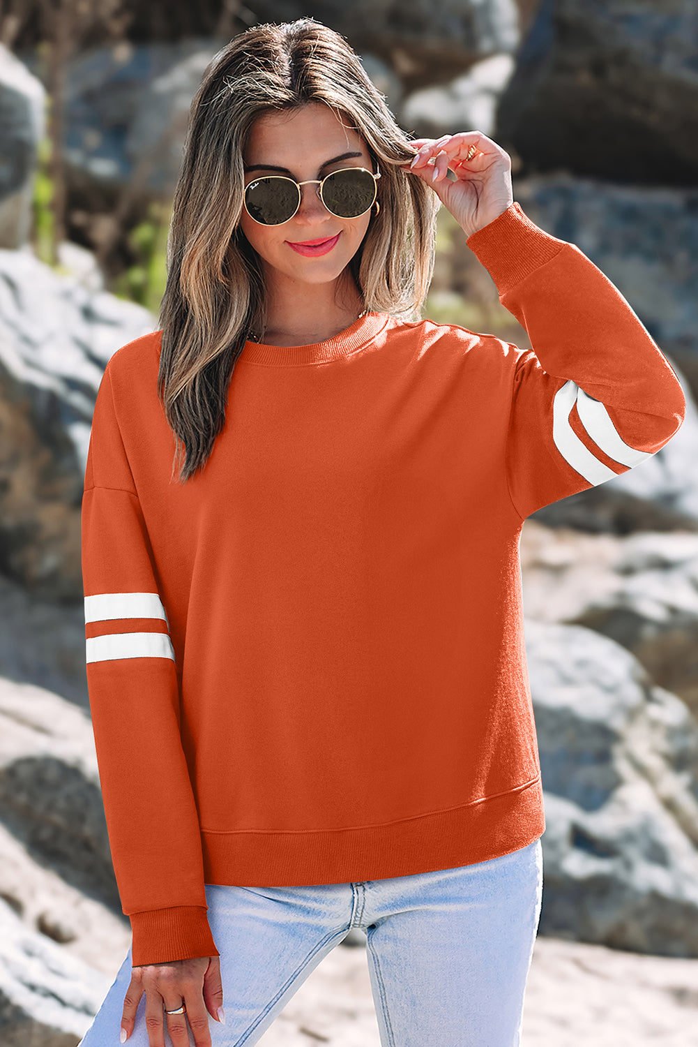 Orange Varsity Striped Detail Drop Shoulder Oversized Sweatshirt-Tops/Sweatshirts & Hoodies-[Adult]-[Female]-2022 Online Blue Zone Planet