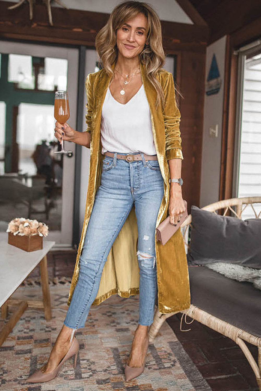 Yellow Velvet Open Front Pocketed Long Duster-Sweaters & Cardigans/Cardigans-[Adult]-[Female]-2022 Online Blue Zone Planet