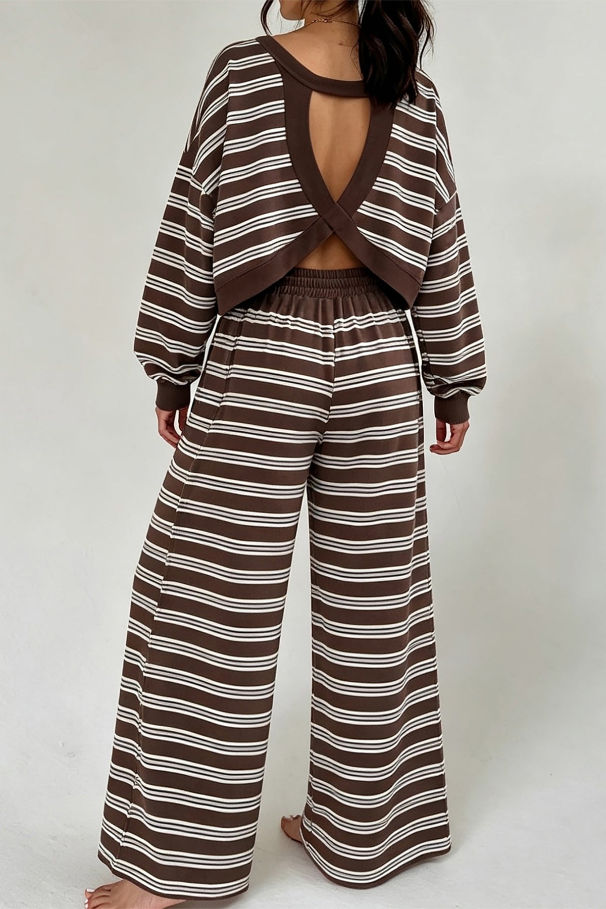 Brown Stripe Back Cutout Long Sleeve Top and Wide Leg Pants 2pcs Set-Two Piece Sets/Pant Sets-[Adult]-[Female]-Brown Stripe-S-2022 Online Blue Zone Planet