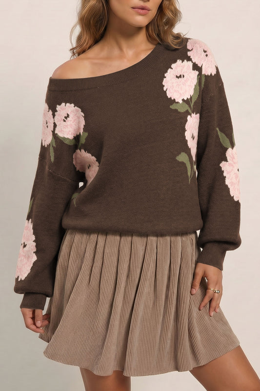 Dark Brown Floral Print Drop Shoulder Relaxed Pullover Sweater-TOPS / DRESSES-[Adult]-[Female]-2022 Online Blue Zone Planet