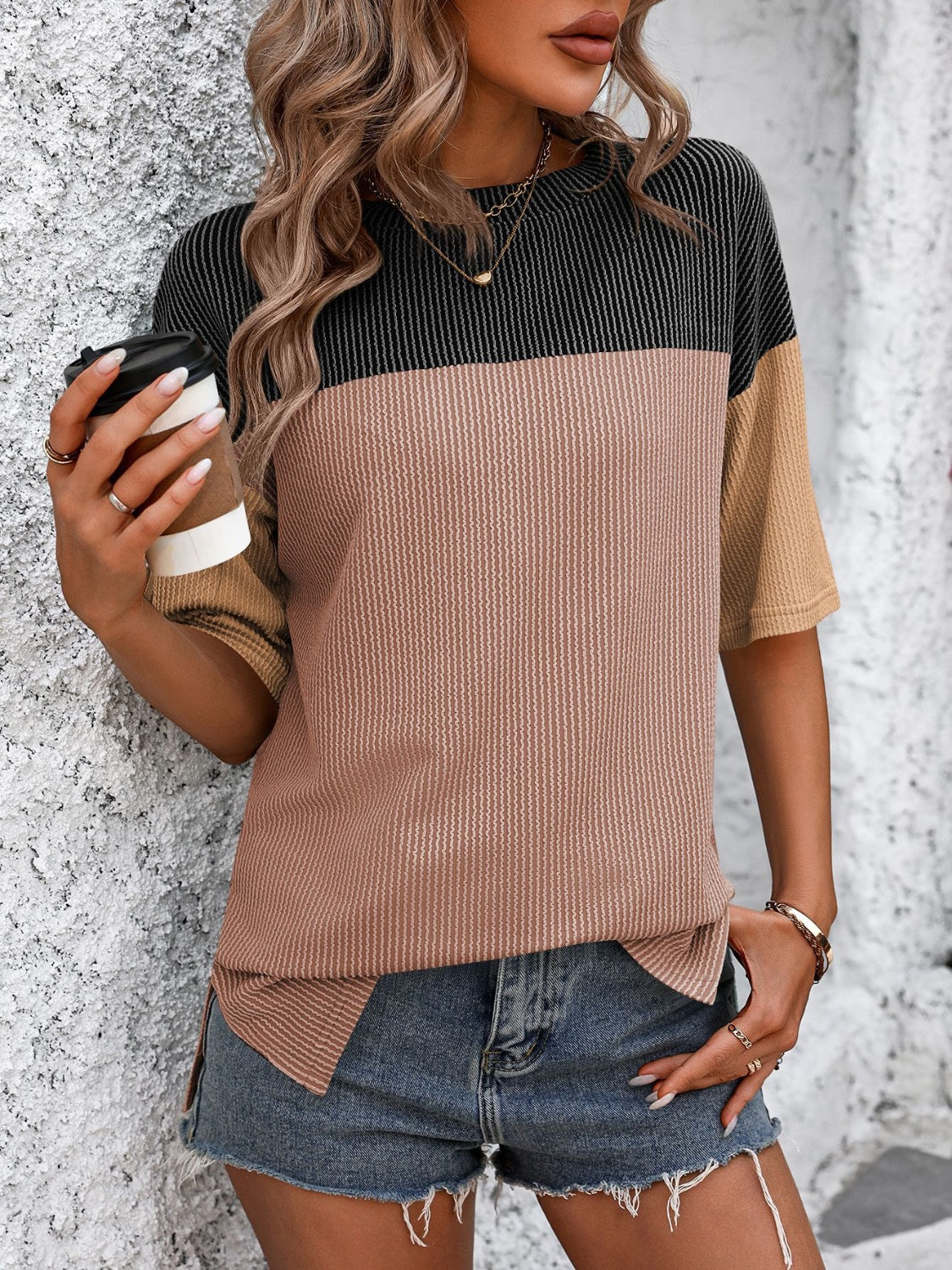 Mandy Color Block Round Neck Half Sleeve T-Shirt-TOPS / DRESSES-[Adult]-[Female]-Black/Camel-S-2022 Online Blue Zone Planet