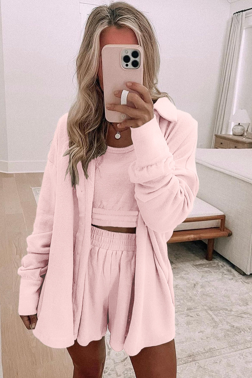 Light Pink 3 Pcs Crop Tank Top Shorts with Cardigan Lounge Set-Loungewear & Sleepwear/Loungewear-[Adult]-[Female]-2022 Online Blue Zone Planet