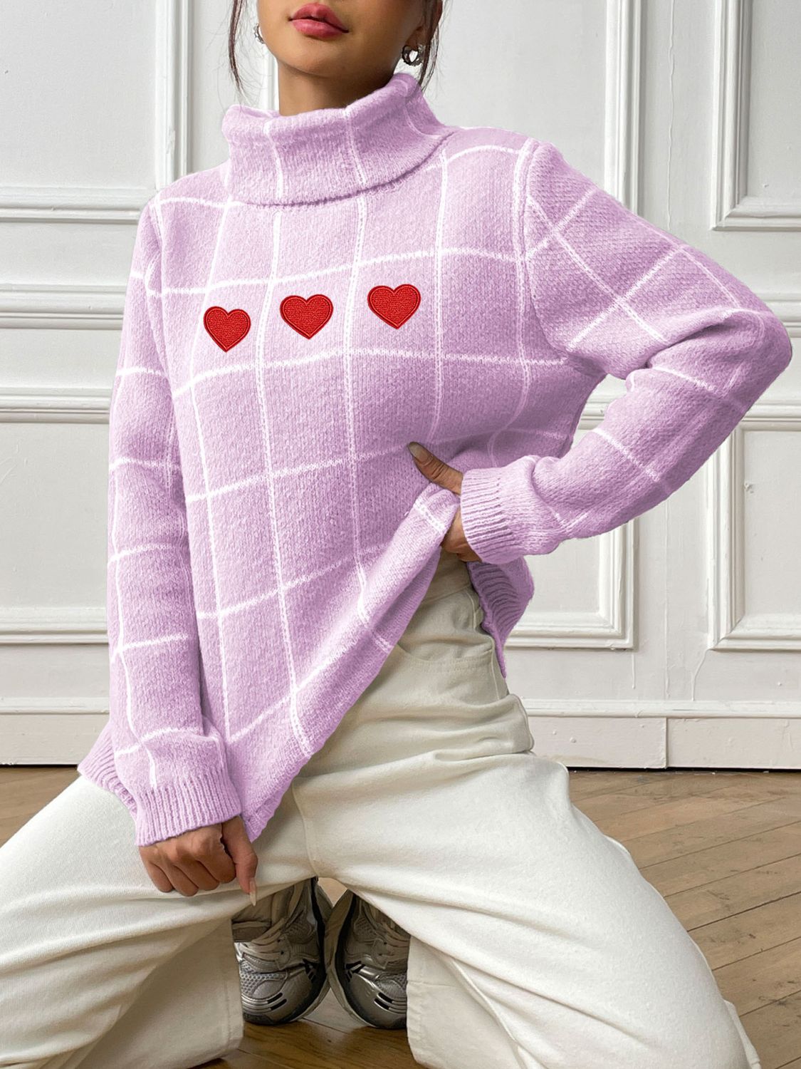 Heart Plaid Turtleneck Long Sleeve Sweater-TOPS / DRESSES-[Adult]-[Female]-Pink Purple-S-2022 Online Blue Zone Planet