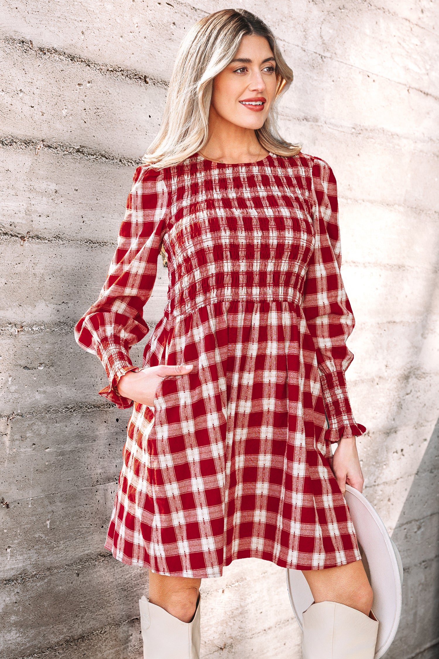 Red Plaid Print Smocked Puff Sleeve Mini Dress-TOPS / DRESSES-[Adult]-[Female]-2022 Online Blue Zone Planet