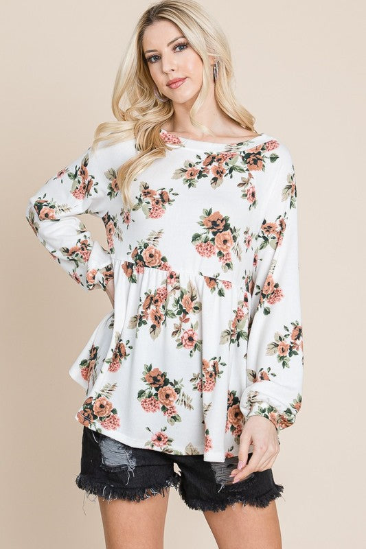 Super Lady Full Size Babydoll Floral Boat Neck Long Sleeve Blouse-TOPS / DRESSES-[Adult]-[Female]-Floral-S-2022 Online Blue Zone Planet